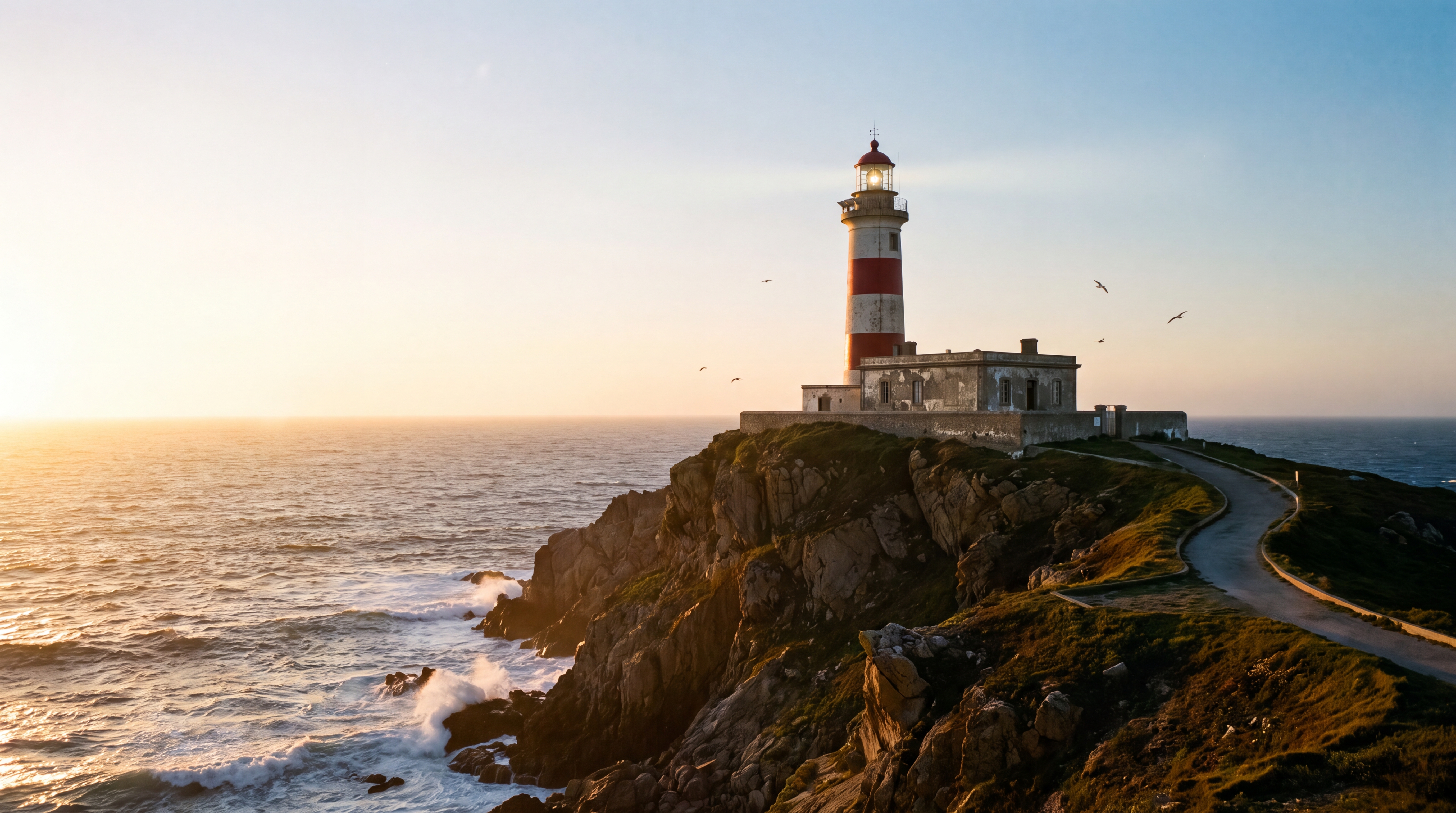 a lone lighthouse on a rocky cliff at golden hour, cinematic wide shot, ultra detailed