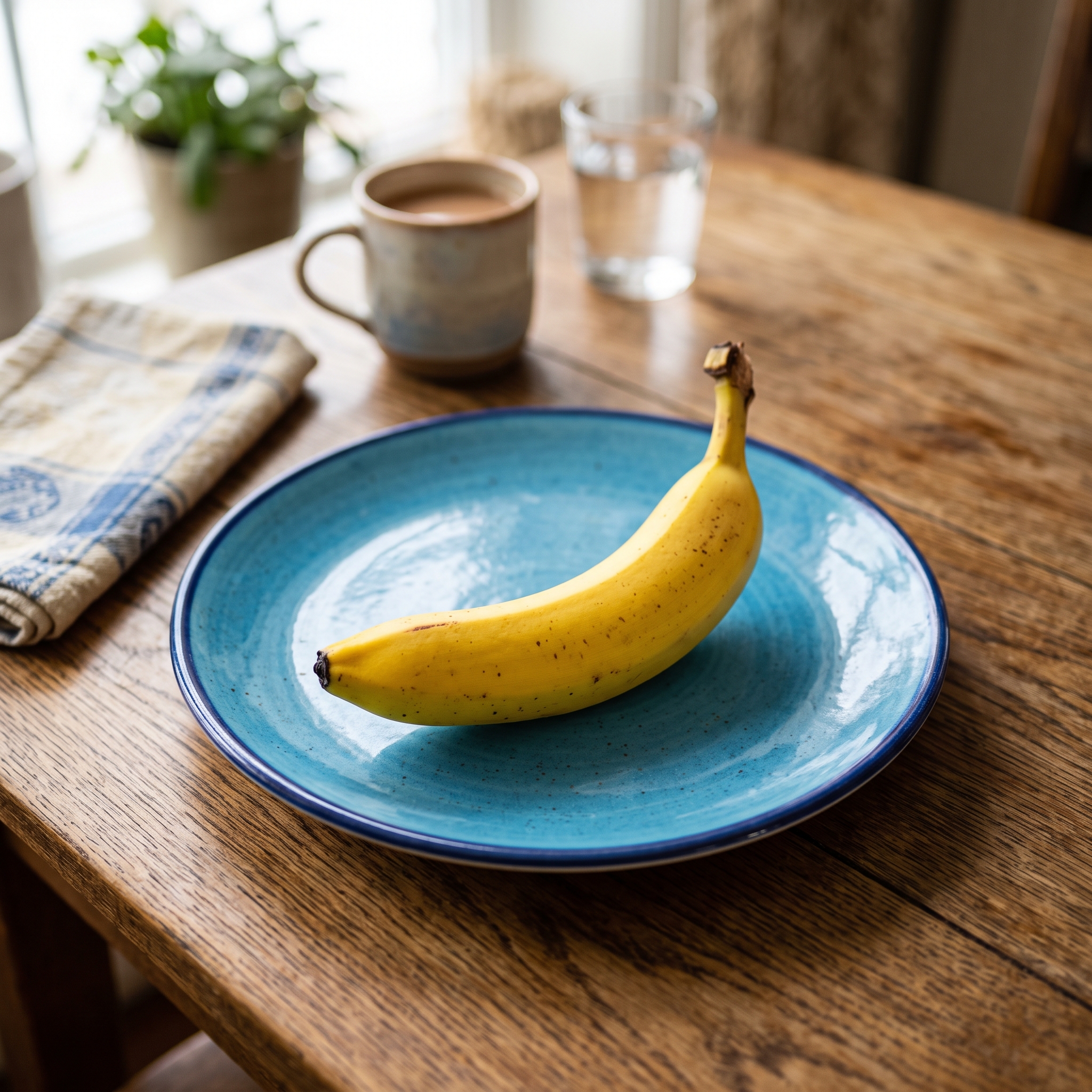 a yellow banana on a blue plate