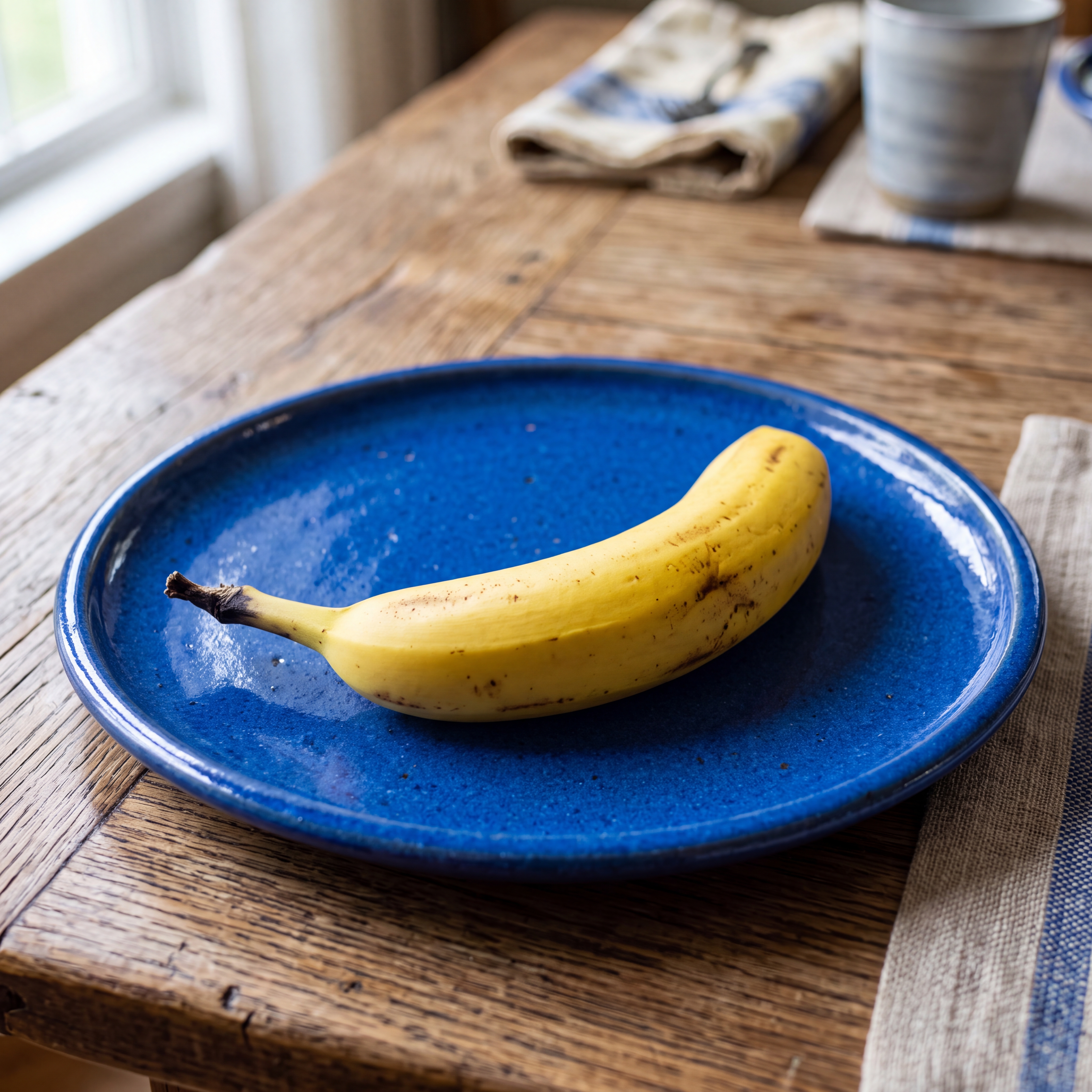 a yellow banana on a blue plate