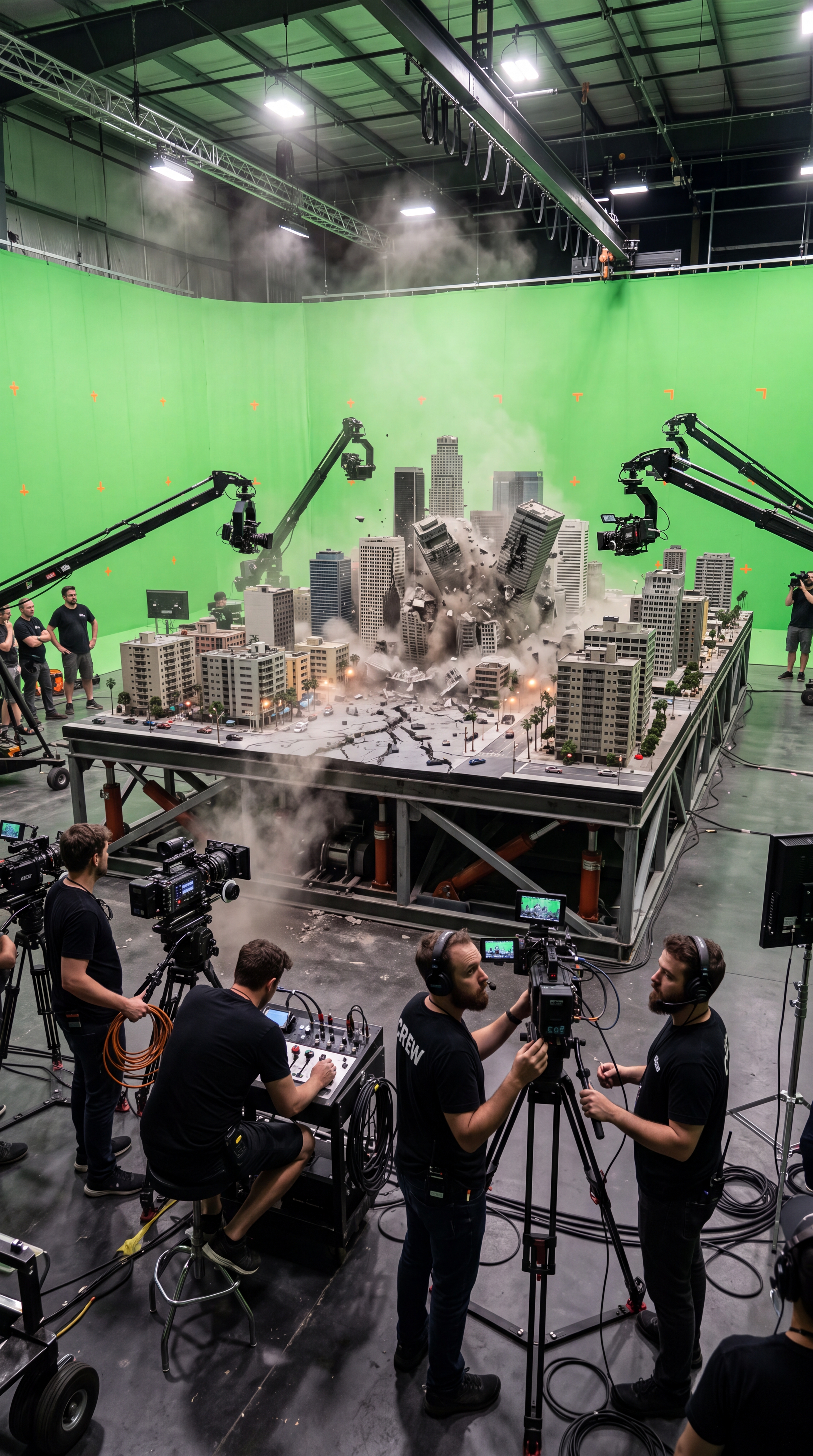 Behind-the-scenes photo inside a massive film studio soundstage, shot from behind the film crew looking onto the set. A giant hyper-detailed miniature city — dense downtown skyscrapers at the center surrounded by blocks of smaller apartment buildings, streets with tiny cars, palm trees and glowing streetlights — sits on a huge elevated shaker platform, its earthquake hydraulics and steel framework visible beneath the table skirt. The city is captured mid-earthquake: the central skyscrapers buckling and collapsing into each other, rubble spilling into the miniature streets, thick grey dust clouds beginning to roll outward over the intact outer blocks. Vast bright green screen walls with orange tracking markers surround the set on all sides. Four black robotic camera crane arms reach in from the corners over the city with stabilized cinema heads, and in the sharp foreground four crew members in black t-shirts and headsets stand at their tripod-mounted cinema cameras with glowing monitors, filming the collapse — one raising his hand calling the take, another crouched at a control console with shake levers. More crew watch from the set edges, cables across the dark studio floor, bright overhead rig lights, dust haze drifting in the beams. Photorealistic, full-frame camera, epic scale contrast, vertical 9:16 composition.