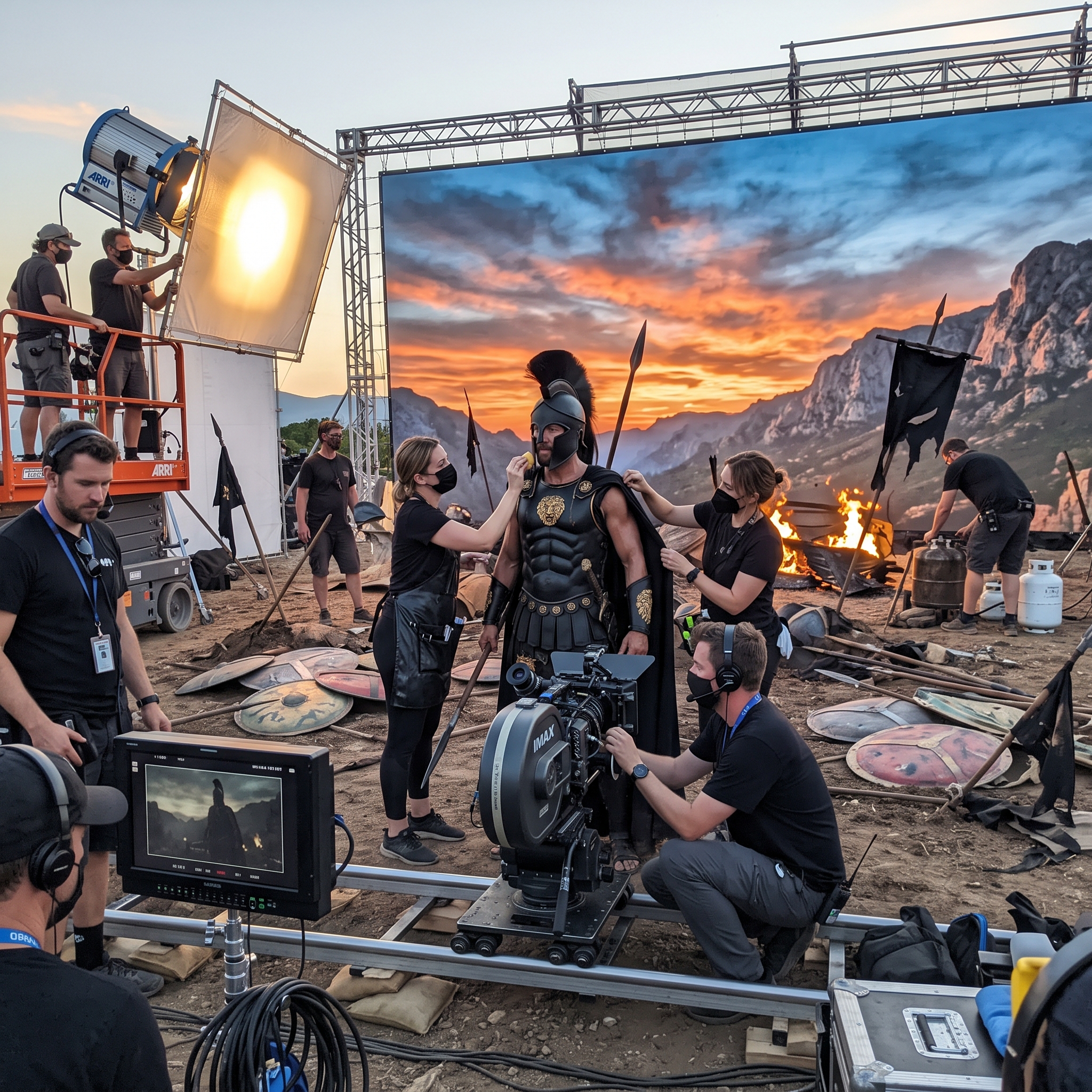Candid behind-the-scenes photo taken on a phone on an epic Odyssey film set, revealing how a cinematic shot is made. At center, an actor in matte black sculpted Greek armor with gold lion emblems on his chest, a dark cape and a black Corinthian helmet with a tall black crest stands on a battlefield set covered in scattered round painted shields, planted spears and tattered black banners — but around him the movie magic is exposed: a huge IMAX film camera with its bulky round magazine sits on a dolly right in front of him at chest height with a focus puller crouched at its side, a makeup artist reaches in dabbing sweat sheen onto the actor's jaw below the helmet, and a costume assistant adjusts his cape. The dramatic dusk sky and jagged mountains behind him are revealed to be a massive backlit translucent sky backdrop panel, with lighting technicians on lifts angling big warm HMI lights through diffusion frames to fake the sunset glow. The burning wreckage fires across the battlefield are gas flame bars with a special effects technician at a propane control manifold, hoses running through the dirt. Video village monitors in the foreground corner show the finished-looking framed shot. Crew in black t-shirts and headsets everywhere, cables across the churned dirt. Realistic candid phone photo, slightly imperfect framing, mixed warm set light and cool studio spill, vertical 9:16.