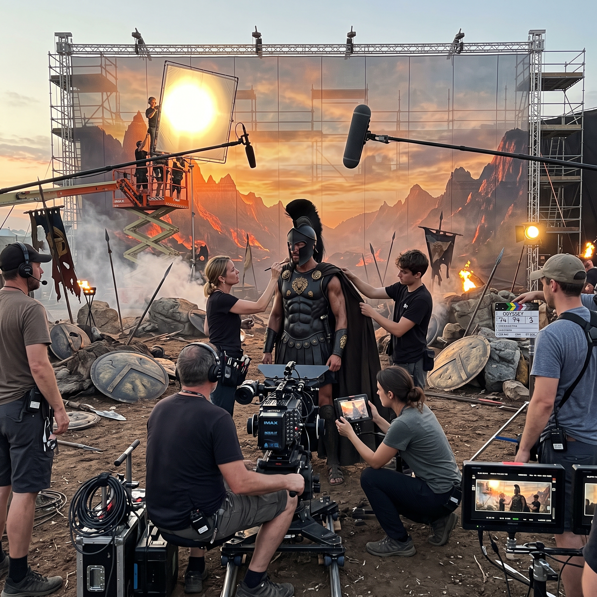 Candid behind-the-scenes photo taken on a phone on an epic Odyssey film set, revealing how a cinematic shot is made. At center, an actor in matte black sculpted Greek armor with gold lion emblems on his chest, a dark cape and a black Corinthian helmet with a tall black crest stands on a battlefield set covered in scattered round painted shields, planted spears and tattered black banners — but around him the movie magic is exposed: a huge IMAX film camera with its bulky round magazine sits on a dolly right in front of him at chest height with a focus puller crouched at its side, a makeup artist reaches in dabbing sweat sheen onto the actor's jaw below the helmet, and a costume assistant adjusts his cape. The dramatic dusk sky and jagged mountains behind him are revealed to be a massive backlit translucent sky backdrop panel, with lighting technicians on lifts angling big warm HMI lights through diffusion frames to fake the sunset glow. The burning wreckage fires across the battlefield are gas flame bars with a special effects technician at a propane control manifold, hoses running through the dirt. Video village monitors in the foreground corner show the finished-looking framed shot. Crew in black t-shirts and headsets everywhere, cables across the churned dirt. Realistic candid phone photo, slightly imperfect framing, mixed warm set light and cool studio spill, vertical 9:16.
