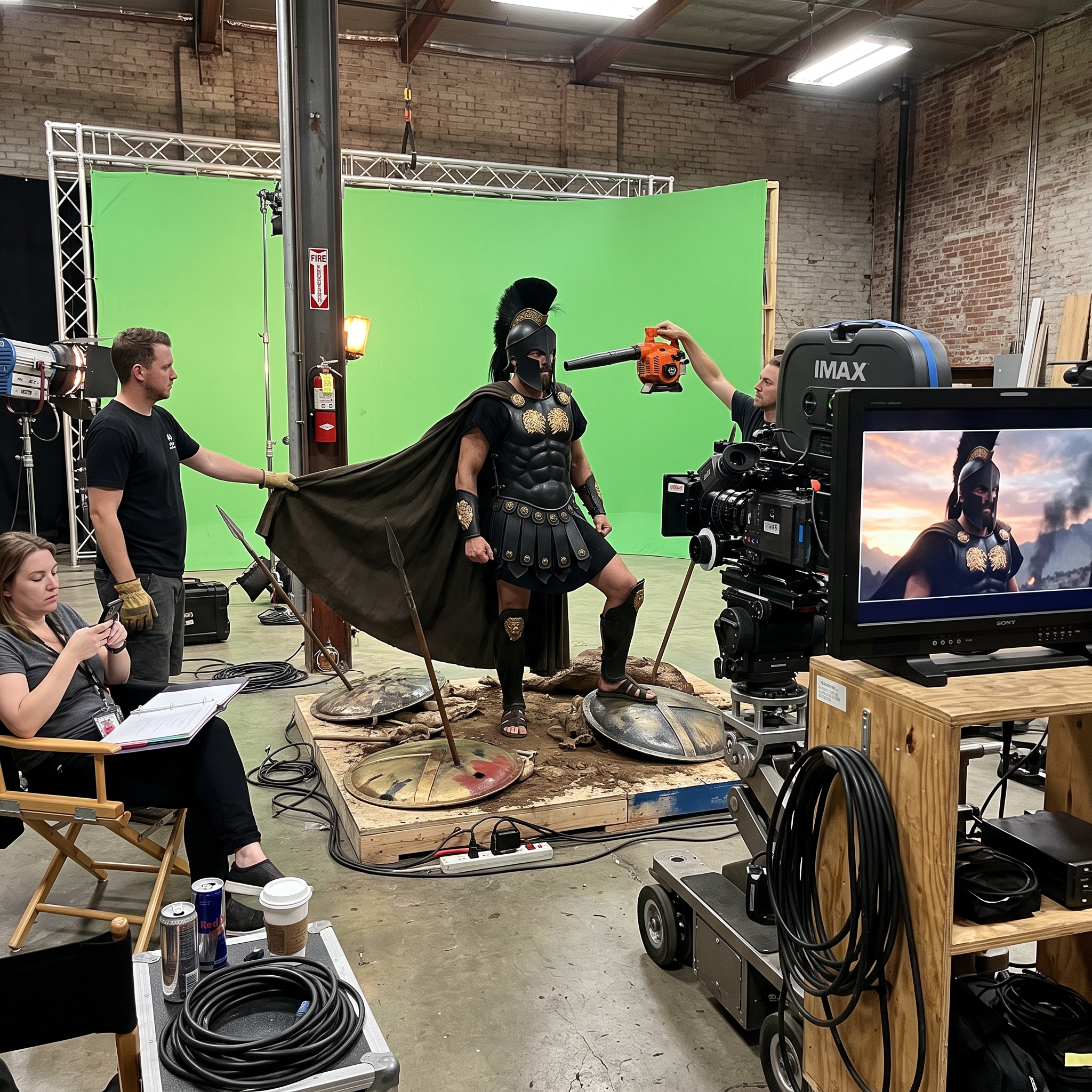 Candid behind-the-scenes photo taken on a phone on an epic film set, revealing the ridiculous truth behind a legendary shot. At center, an actor in matte black sculpted Greek armor with gold lion emblems, dark cape and black-crested Corinthian helmet stands heroically — on top of two stacked wooden apple boxes to look taller, his "battlefield" only extending two meters around him: a small dirt platform dressed with scattered painted shields and three planted spears, sitting in the middle of a clean studio floor. His flowing cape is actually held out mid-billow by a bored grip standing just off-frame gripping the corner of the fabric, while another crew member points a small handheld leaf blower at the actor's helmet crest. The epic dusk sky and mountains are a curved backlit backdrop panel only slightly wider than the shot, with bare studio wall and fire extinguishers visible beyond its edges. A special effects tech sits on an equipment case next to two small gas flame bars, scrolling his phone while the flames burn. In the foreground, the huge IMAX camera and a big monitor showing the FINISHED shot: the warrior looking colossal on an endless burning battlefield at sunset. A script supervisor mid-yawn in a folding chair completes the scene. Realistic candid phone photo, slightly tilted framing, mixed lighting, every mundane detail sharp, vertical 9:16.