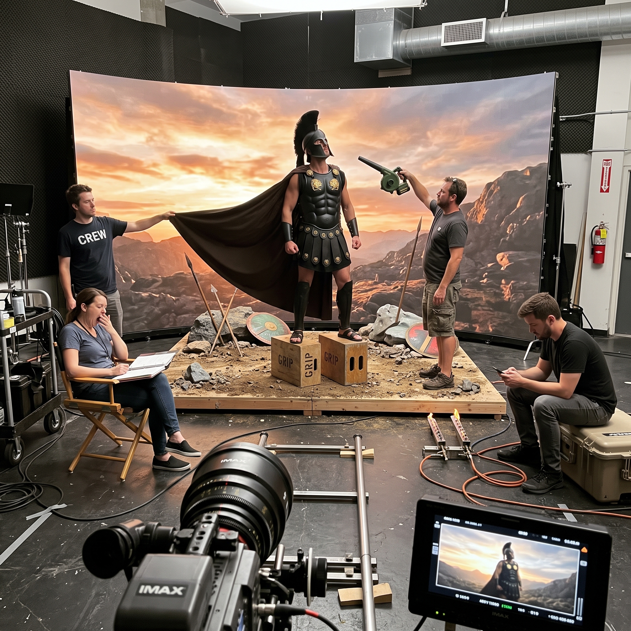 Candid behind-the-scenes photo taken on a phone on an epic film set, revealing the ridiculous truth behind a legendary shot. At center, an actor in matte black sculpted Greek armor with gold lion emblems, dark cape and black-crested Corinthian helmet stands heroically — on top of two stacked wooden apple boxes to look taller, his "battlefield" only extending two meters around him: a small dirt platform dressed with scattered painted shields and three planted spears, sitting in the middle of a clean studio floor. His flowing cape is actually held out mid-billow by a bored grip standing just off-frame gripping the corner of the fabric, while another crew member points a small handheld leaf blower at the actor's helmet crest. The epic dusk sky and mountains are a curved backlit backdrop panel only slightly wider than the shot, with bare studio wall and fire extinguishers visible beyond its edges. A special effects tech sits on an equipment case next to two small gas flame bars, scrolling his phone while the flames burn. In the foreground, the huge IMAX camera and a big monitor showing the FINISHED shot: the warrior looking colossal on an endless burning battlefield at sunset. A script supervisor mid-yawn in a folding chair completes the scene. Realistic candid phone photo, slightly tilted framing, mixed lighting, every mundane detail sharp, vertical 9:16.