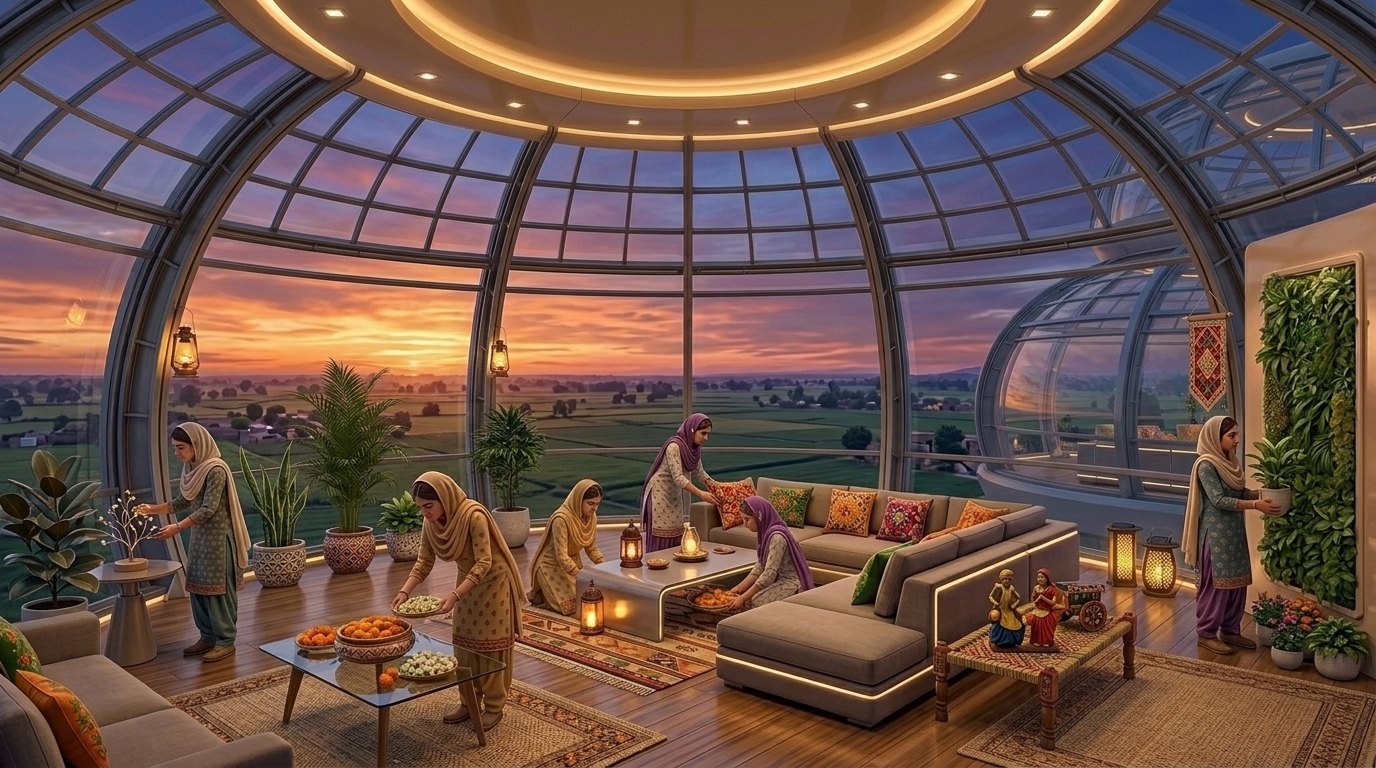 Mandeep, Harleen and Simran add colorful cushions, traditional Punjabi decorative artwork, indoor plants, woven rugs and warm lantern-style lights to the futuristic spacecraft interior, giant curved walls and windows still clearly visible, girls small relative to the enormous space, realistic 3D cinematic animation, 16:9 cinematic composition.