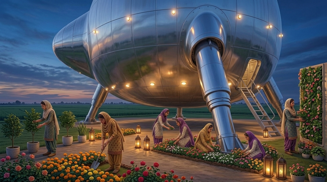 Five consistent Punjabi girls create a beautiful garden pathway around the EXTREMELY GIANT restored spacecraft, planting flowers and small trees around its massive landing supports, spacecraft towering enormously behind them, polished silver hull, warm exterior lights, Punjabi countryside, realistic cinematic 3D animation, 16:9 cinematic composition, dramatic scale.