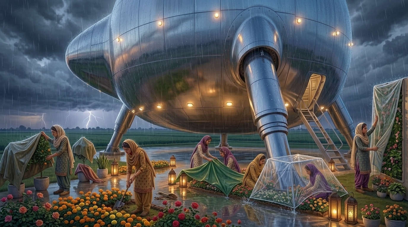 The five girls work outside the enormous spacecraft as a sudden light rain begins, dark clouds above the giant silver structure, girls quickly protecting decorative materials with covers, wet ground reflecting the huge spacecraft, realistic rain and physics, cinematic 3D animation, 16:9 cinematic composition, spacecraft remains colossal.