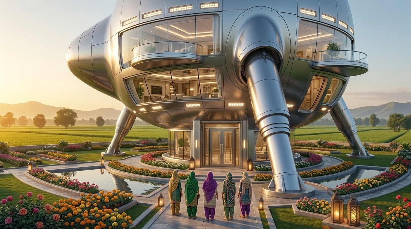 The abandoned spacecraft is now completely transformed into a spectacular futuristic luxury village home, polished silver-gray exterior, repaired panels, enormous clean panoramic windows, elegant warm exterior lighting, landscaped garden and pathway, five consistent Punjabi village girls standing tiny at the entrance, colossal spacecraft dominating the landscape, green fields and distant hills behind it, golden-hour sunlight, ultra-detailed realistic 3D animation, 16:9 cinematic composition, extreme giant scale.