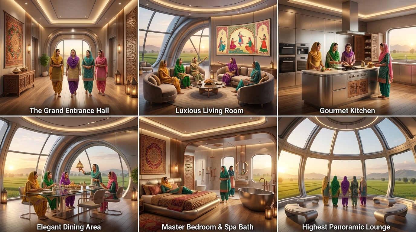 The five consistent Punjabi girls happily tour their completed giant spacecraft home, showing a luxurious living room, kitchen, dining area, bedroom, bathroom and circular panoramic lounge, warm lights, polished wooden floors, modern furniture, traditional Punjabi decorative accents, gigantic curved spacecraft architecture visible throughout, realistic cinematic 3D animation, 16:9 cinematic composition.