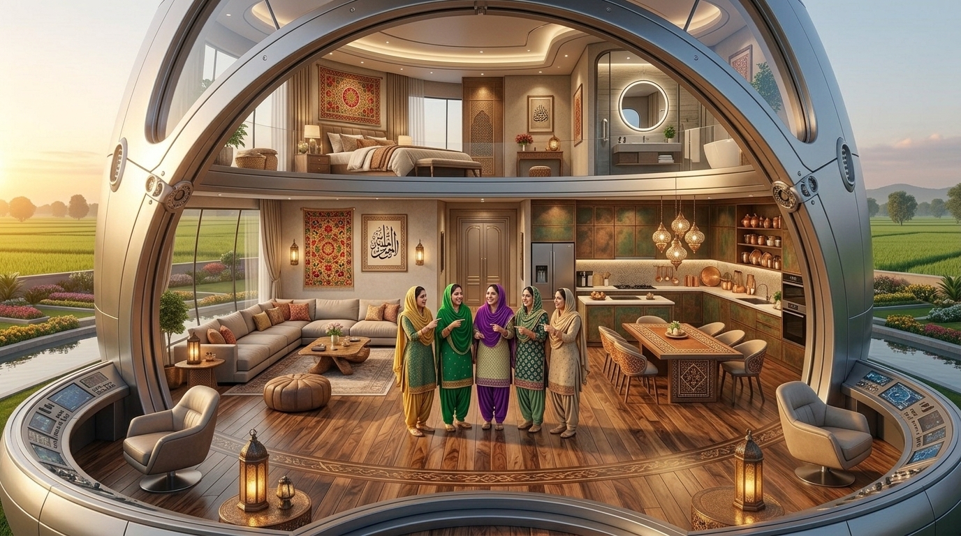 The five consistent Punjabi girls happily tour their completed giant spacecraft home, showing a luxurious living room, kitchen, dining area, bedroom, bathroom and circular panoramic lounge, warm lights, polished wooden floors, modern furniture, traditional Punjabi decorative accents, gigantic curved spacecraft architecture visible throughout, realistic cinematic 3D animation, 16:9 cinematic composition.