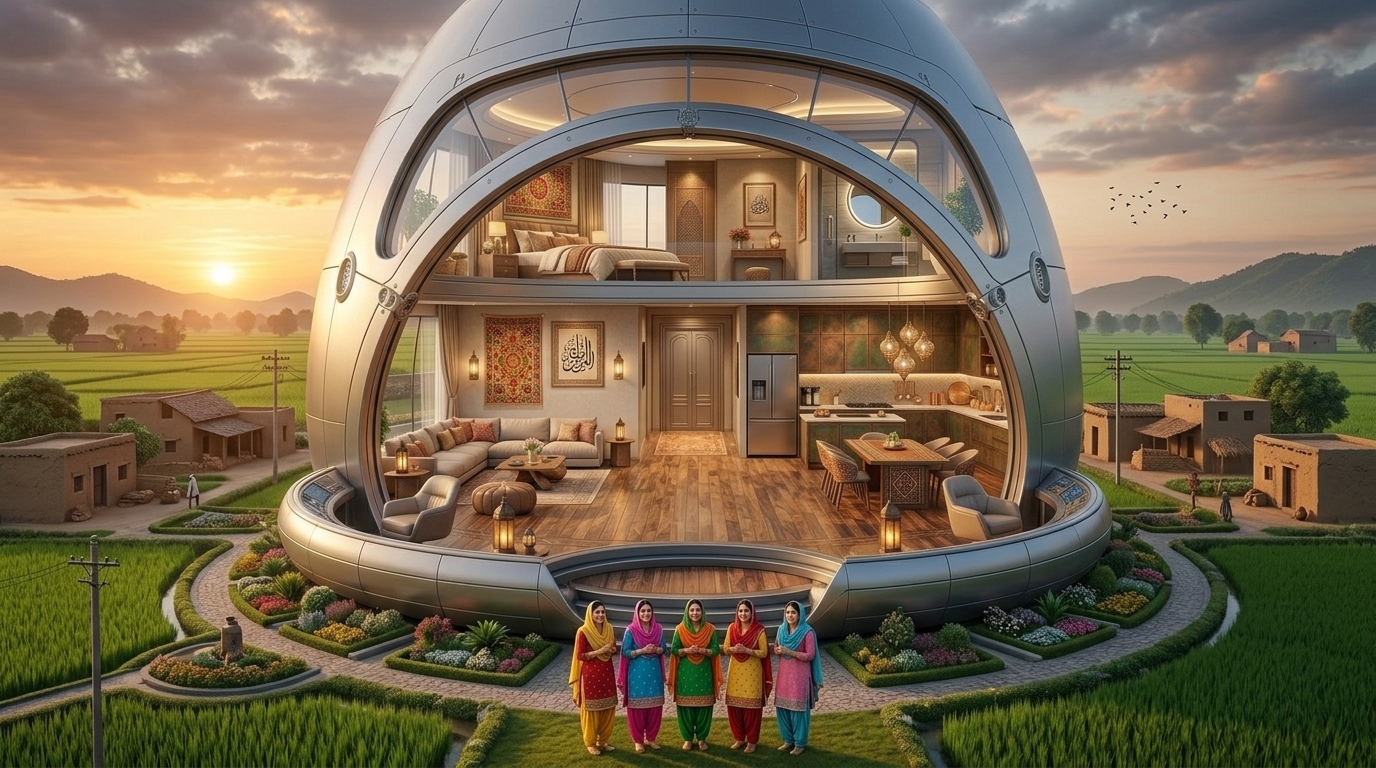 An EXTREMELY GIANT futuristic spacecraft luxury home stands majestically in the Punjabi countryside at sunset, enormous polished silver structure towering over the five tiny normal-sized Punjabi village girls in their locked red-yellow, blue-pink, green-orange, yellow-red and pink-blue Punjabi outfits, glowing panoramic windows, landscaped garden, warm exterior lights, green fields, village houses and distant hills, dramatic orange sunset sky, breathtaking ultra-wide cinematic 3D realistic animation, 16:9 cinematic composition, strongest possible giant-scale reveal, girls visibly tiny beside the colossal finished structure.