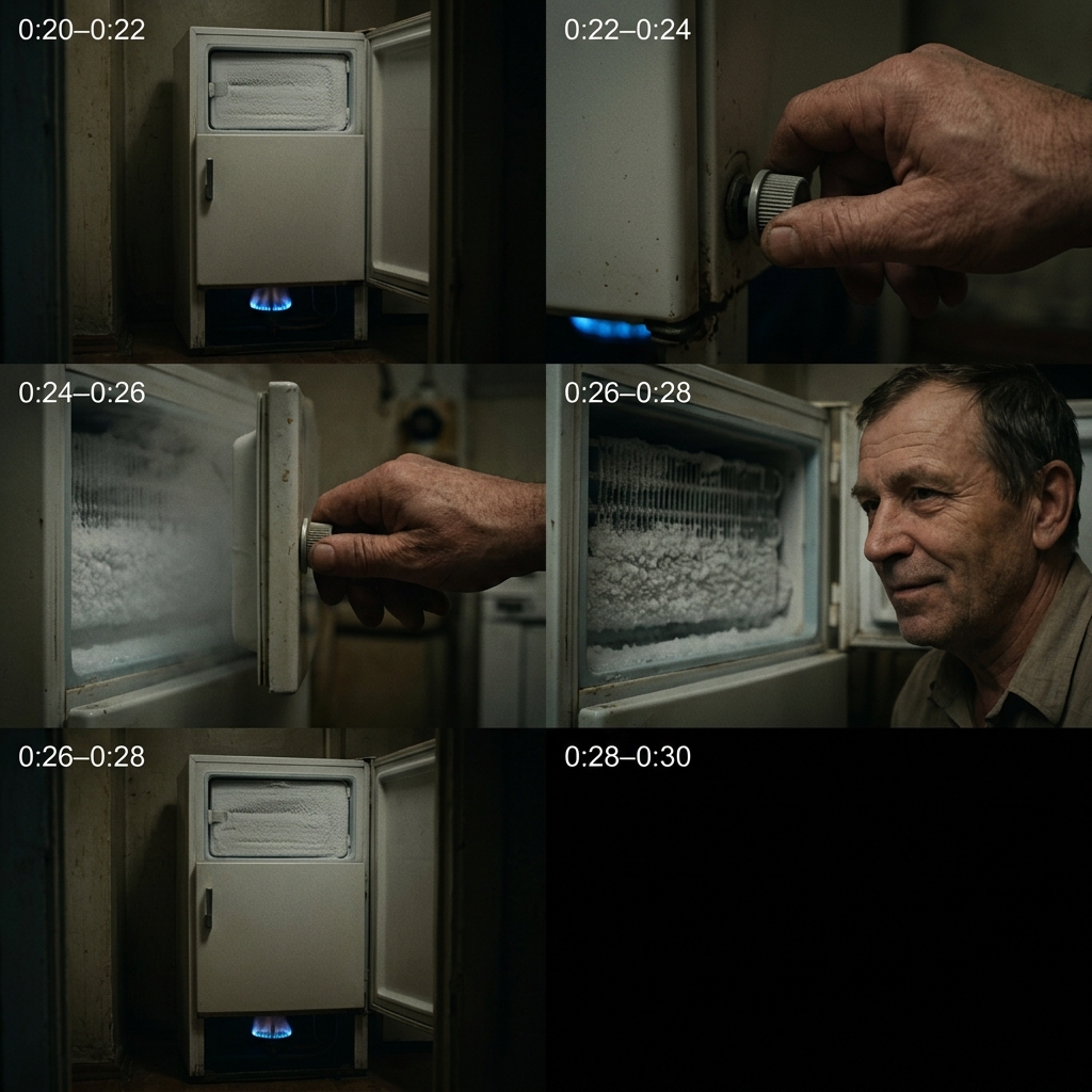 Сцена 3

Речь диктора (24 слова):
«Вот так огонь создавал холод без единого мотора. Но была у этого холодильника одна странная особенность: чем дольше он работал, тем тише становился. Спасибо за лайк и подписку. До встречи, товарищи!»

Кадры:
0:20–0:22: ONLY close-up of the vintage Soviet absorption refrigerator standing against a dim kitchen wall. The blue flame burns steadily beneath, while the small freezer compartment is covered in frost. NO people, NO text. 1970s Soviet archive style, heavy 35mm film grain, high contrast, deep shadows, no gloss.
0:22–0:24: ONLY extreme macro of the 55-year-old man's rough hand gently turning the gas regulator knob on the refrigerator. The flame beneath adjusts, becoming steady and silent. NO faces, NO text. Heavy 35mm film grain.
0:24–0:26: ONLY macro shot of the same hand opening the small freezer door. A soft cloud of cold vapor escapes, revealing the thick layer of ice crystals inside. NO faces, NO text. Authentic Soviet utility room background, heavy 35mm film grain.
0:26–0:28: ONLY close-up of the 55-year-old Soviet man in his simple home shirt, looking at the frost-covered evaporator with a calm, satisfied, slightly proud smirk. He gives a single, slow nod of approval. Looking at the fridge, NOT at camera. Mouth closed, silent. Heavy 35mm film grain.
0:28–0:30: ONLY the same shot of the refrigerator with the flame and frost. The camera slowly pulls backward, then HARD CUT to black at 0:29.7. NO fade, NO people, NO faces. 1970s Soviet archive style, heavy 35mm film grain, high contrast, deep shadows, no gloss.