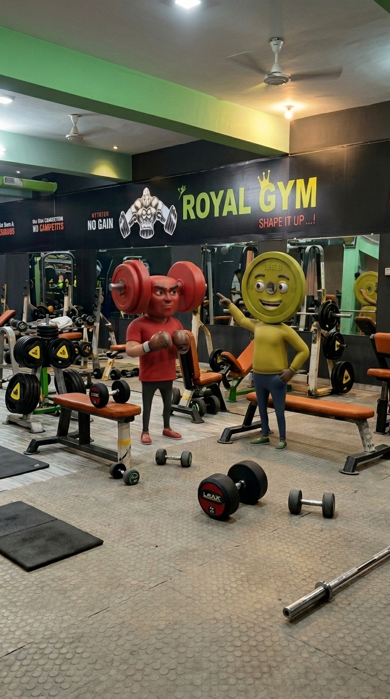 Consistent characters and scene from Clip 1 inside Royal Gym. The yellow plate-head character smiles and points toward the gym background, speaking with realistic lip-sync while the dumbbell character listens and nods.