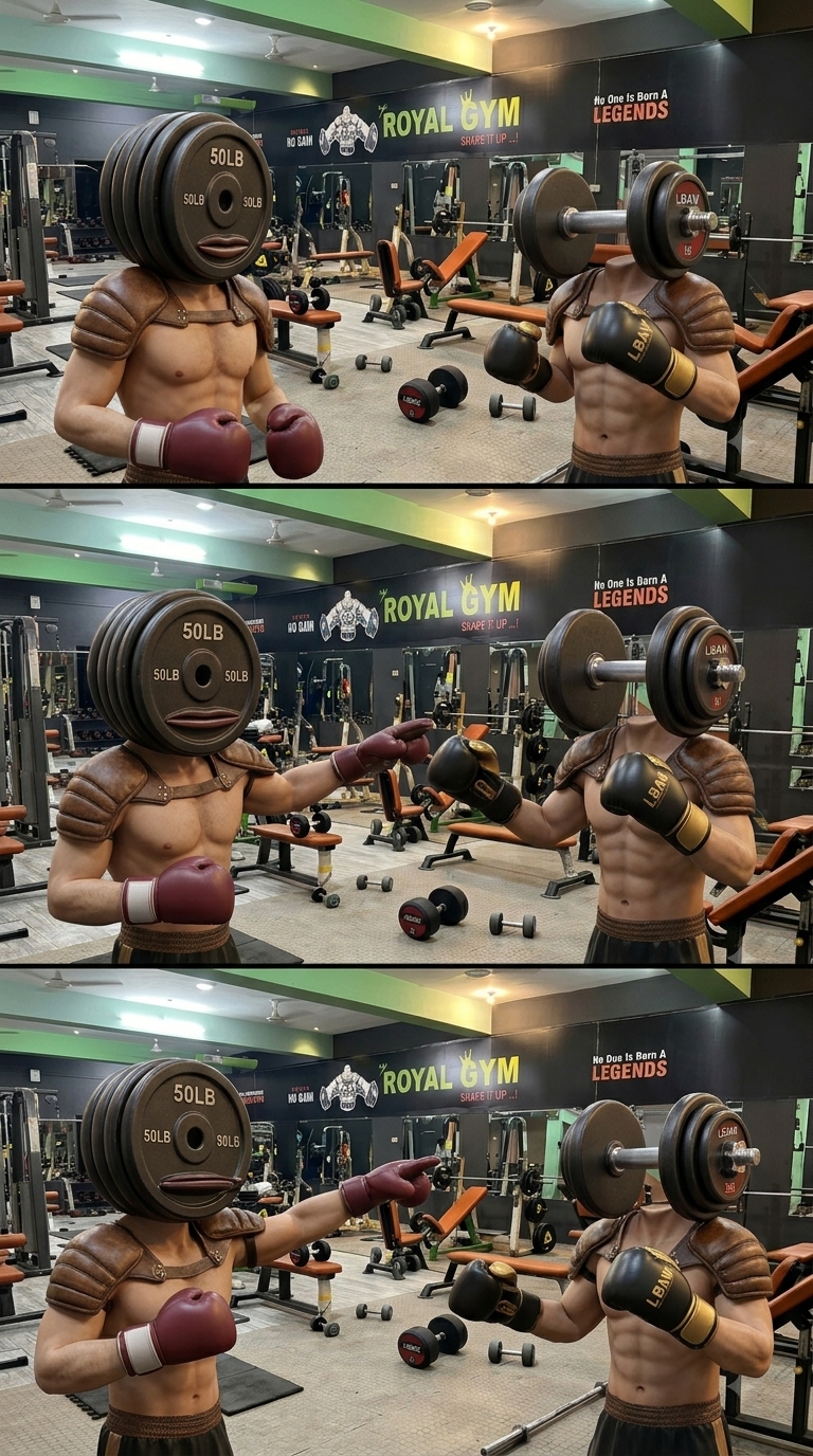 Use the uploaded image as the starting frame. Two consistent anthropomorphic characters with muscular boxer bodies (plate-head on left, dumbbell-head on right) stand inside Royal Gym. The dumbbell character gestures energetically with boxing gloves while talking, followed by the plate character replying and pointing toward the gym machines. Smooth slow dolly-in, continuous lighting, precise lip-syncing.