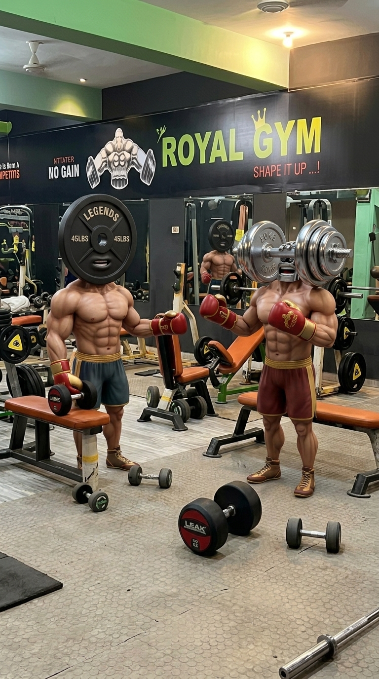 Use the uploaded image as the starting frame. Two consistent anthropomorphic characters with muscular boxer bodies (plate-head on left, dumbbell-head on right) stand inside Royal Gym. The dumbbell character gestures energetically with boxing gloves while talking, followed by the plate character replying and pointing toward the gym machines. Smooth slow dolly-in, continuous lighting, precise lip-syncing.