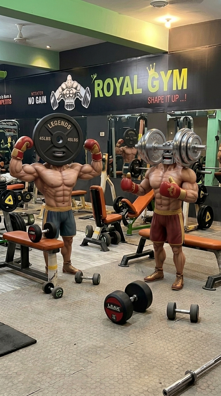 Consistent scene and exact characters continuing from Video 1 inside Royal Gym. The dumbbell character flexes his arms in agreement, then both characters face the camera together, pointing forward and giving confident thumbs-up gestures. Smooth camera motion, realistic speech animation, clean gym background.