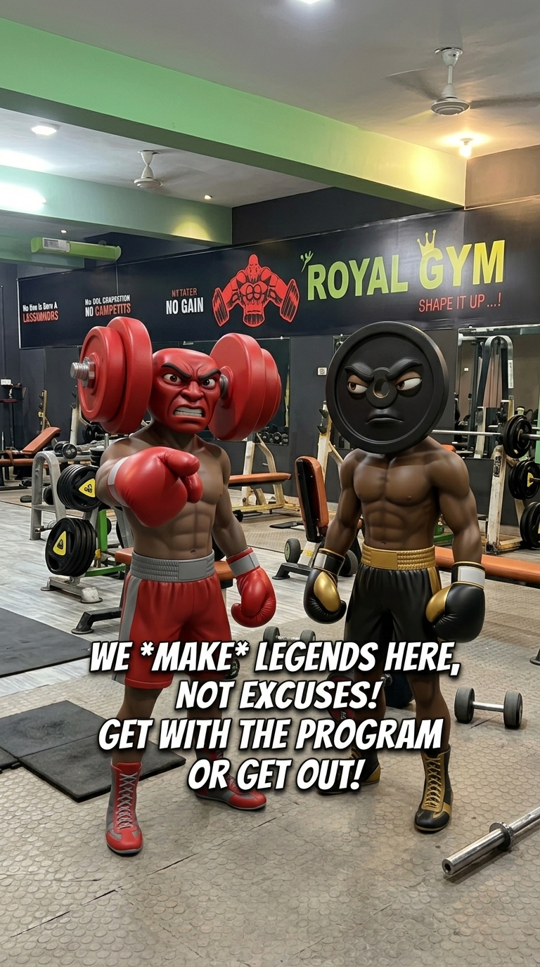 Use uploaded image as starting frame. Two consistent boxer characters stand in Royal Gym. The red dumbbell character points forward while speaking aggressively to the camera, followed by the plate character nodding. Cinematic slow zoom-in, accurate lip-sync.