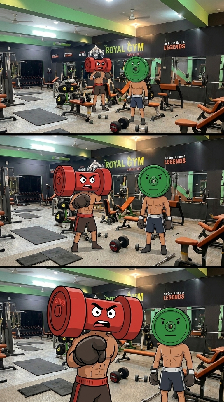 Use uploaded image as starting frame. Two consistent boxer characters stand in Royal Gym. The red dumbbell character points forward while speaking aggressively to the camera, followed by the plate character nodding. Cinematic slow zoom-in, accurate lip-sync.