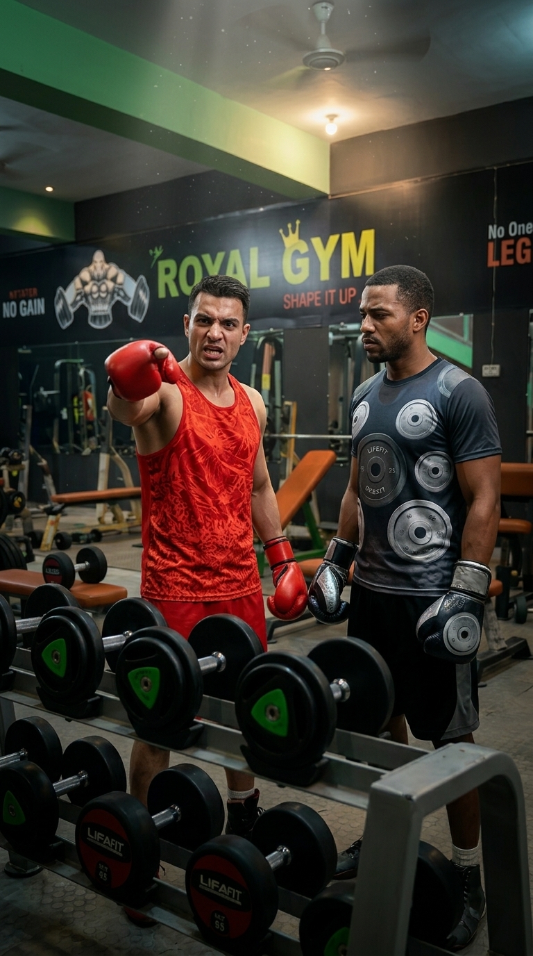 Use uploaded image as starting frame. Two consistent boxer characters stand in Royal Gym. The red dumbbell character points forward while speaking aggressively to the camera, followed by the plate character nodding. Cinematic slow zoom-in, accurate lip-sync.