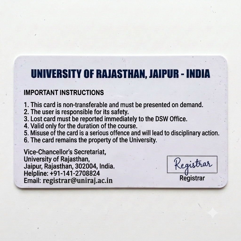 {
  "card_type": "University of Rajasthan Student ID Card",
  "side": "back",
  "header": "UNIVERSITY OF RAJASTHAN, JAIPUR - INDIA",
  "instructions": [
    "1. This card is non-transferable and must be presented on demand.",
    "2. The user is responsible for its safety.",
    "3. Lost card must be reported immediately to the DSW Office.",
    "4. Valid only for the duration of the course.",
    "5. Misuse of the card is a serious offence and will lead to disciplinary action.",
    "6. The card remains the property of the University."
  ],
  "contact": {
    "address": "Vice-Chancellor's Secretariat, University of Rajasthan, Jaipur, Rajasthan, 302004, India.",
    "helpline": "+91-141-2708824",
    "email": "registrar@uniraj.ac.in"
  },
  "signature": {
    "position": "bottom-right",
    "type": "Handwritten-style scanned signature image of Registrar",
    "label_below": "Registrar",
    "note": "Do NOT use generic 'Signature' text. Use actual autograph-style signature."
  },
  "fixes_applied": [
    "Email domain corrected to @uniraj.ac.in",
    "Signature changed to handwritten style, not generic text"
  ]
}

Email k agy real email dalo University ki

Aur signature b real human bandy k dalo
