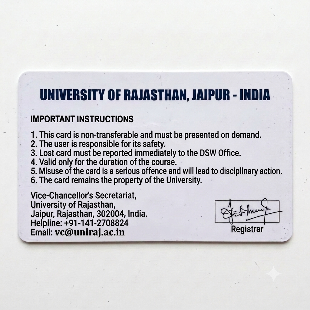 {
  "card_type": "University of Rajasthan Student ID Card",
  "side": "back",
  "header": "UNIVERSITY OF RAJASTHAN, JAIPUR - INDIA",
  "instructions": [
    "1. This card is non-transferable and must be presented on demand.",
    "2. The user is responsible for its safety.",
    "3. Lost card must be reported immediately to the DSW Office.",
    "4. Valid only for the duration of the course.",
    "5. Misuse of the card is a serious offence and will lead to disciplinary action.",
    "6. The card remains the property of the University."
  ],
  "contact": {
    "address": "Vice-Chancellor's Secretariat, University of Rajasthan, Jaipur, Rajasthan, 302004, India.",
    "helpline": "+91-141-2708824",
    "email": "registrar@uniraj.ac.in"
  },
  "signature": {
    "position": "bottom-right",
    "type": "Handwritten-style scanned signature image of Registrar",
    "label_below": "Registrar",
    "note": "Do NOT use generic 'Signature' text. Use actual autograph-style signature."
  },
  "fixes_applied": [
    "Email domain corrected to @uniraj.ac.in",
    "Signature changed to handwritten style, not generic text"
  ]
i

Aur signature b real human bandy k dalo Registrar box mein