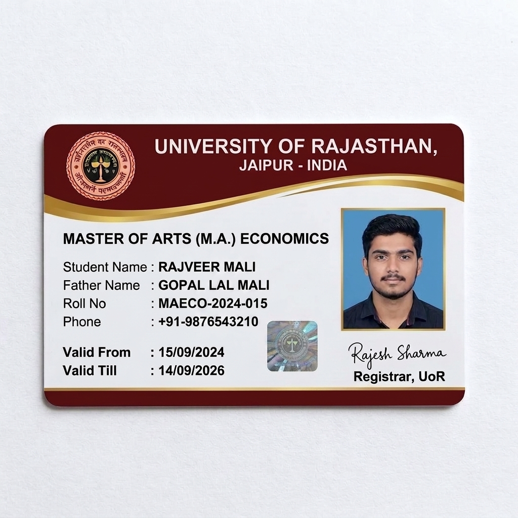 {
  "card_type": "University of Rajasthan Student ID Card",
  "side": "front",
  "header": "UNIVERSITY OF RAJASTHAN, JAIPUR - INDIA",
  "emblem": {
    "description": "Official University of Rajasthan circular seal - HIGH RESOLUTION, VECTOR QUALITY",
    "text": {
      "devanagari": "धर्मो विश्वस्य जगतः प्रतिष्ठा",
      "english": "UNIVERSITY OF RAJASTHAN"
    },
    "central_element": "Lamp with clear, sharp, non-distorted rendering",
    "quality_requirements": [
      "No AI glyphs or garbled text",
      "Crisp edges on all elements",
      "Visible at 100% zoom without pixelation",
      "Sanskrit/Devanagari text must be properly formed and readable"
    ]
  },
  "student_details": {
    "name": "RAJVEER MALI",
    "father_name": "GOPAL LAL MALI",
    "roll_no": "MAECO-2024-015",
    "phone": "+91-9876543210",
    "course": "MASTER OF ARTS (M.A.) ECONOMICS"
  },
  "validity": {
    "from": "15/09/2024",
    "till": "14/09/2026"
  },
  "signature": {
    "position": "bottom-right",
    "signature_style": "Handwritten cursive - Rajesh Sharma",
    "label_below": "Registrar, UoR",
    "consistency_note": "MUST MATCH EXACTLY with back side signature - same person, same handwriting style"
  },
  "design": {
    "theme": "Dark maroon (#800020) and gold (#C5A059)",
    "layout": "Professional, clean, with proper spacing and colons",
    "border": "Gold border with university pattern"
  },
  "fixes_applied": [
    "Roll number changed to MAECO-2024-015 (M.A. Economics consistent)",
    "Emblem text corrected to proper Devanagari with high resolution",
    "Signature: Rajesh Sharma in handwritten cursive"
  ]
}