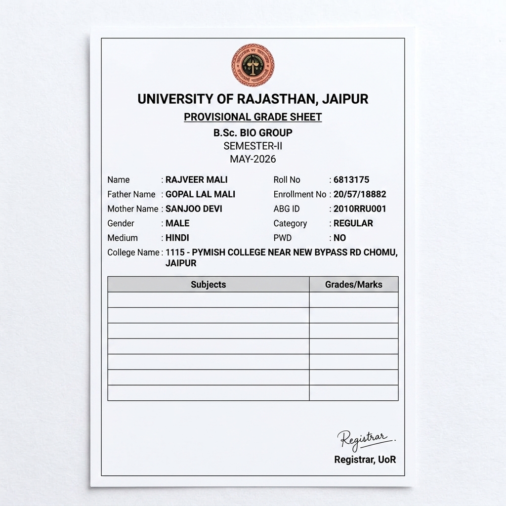 {
  "document_title": "PROVISIONAL GRADE SHEET",
  "university": "UNIVERSITY OF RAJASTHAN, JAIPUR",
  "course": "B.Sc. BIO GROUP",
  "semester": "SEMESTER-II",
  "exam_session": "MAY-2026",
  "student_details": {
    "name": "RAJVEER MALI",
    "father_name": "GOPAL LAL MALI",
    "mother_name": "SANJOO DEVI",
    "gender": "MALE",
    "medium": "HINDI",
    "roll_no": "6813175",
    "enrollment_no": "20/57/18882",
    "abg_id": "2010RRU001",
    "category": "REGULAR",
    "pwd": "NO",
    "college_name": "1115 - PYMISH COLLEGE NEAR NEW BYPASS RD CHOMU, JAIPUR"
  }
}