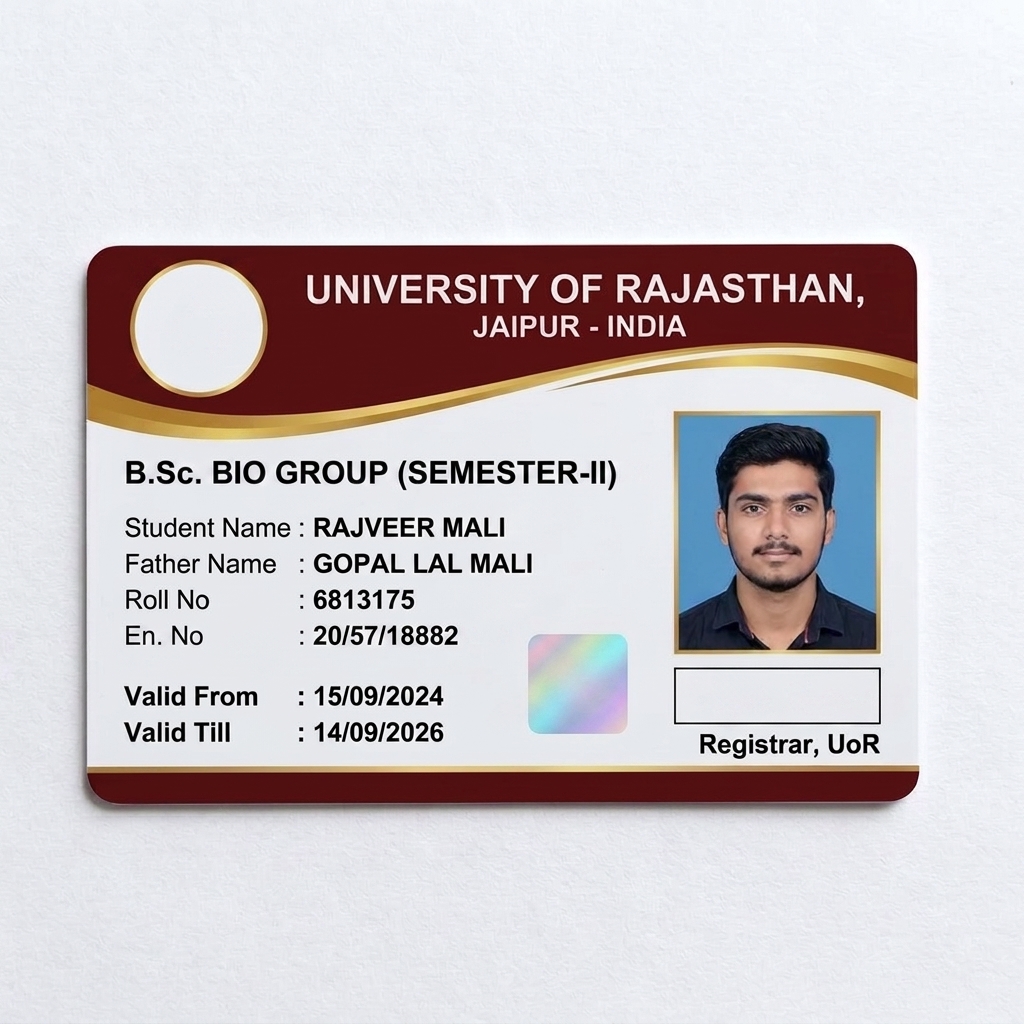 Photorealistic 3D mockup of a university ID card front side, horizontal rectangle. Dark maroon top banner with a gold curved wave at the bottom. Top left has an empty circular space for logo. Top center text "UNIVERSITY OF RAJASTHAN, JAIPUR - INDIA" in bold white. White lower half. Bold black text "B.Sc. BIO GROUP (SEMESTER-II)". Left side: "Student Name: RAJVEER MALI", "Father Name: GOPAL LAL MALI", "Roll No: 6813175", "En. No: 20/57/18882". Bottom left: "Valid From: 15/09/2024", "Valid Till: 14/09/2026". Center bottom: blank holographic square. Right side: professional male student portrait with blue background and gold border. Bottom right: blank rectangular signature box with "Registrar, UoR" text. Clean, sharp, professional typography, no scribbles, no extra text, 8k resolution.
