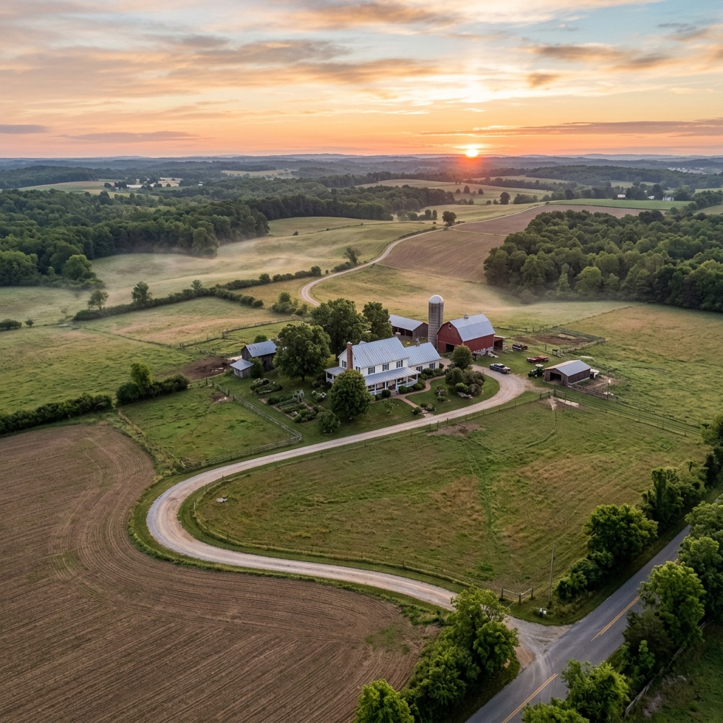Generate an aerial view of a farm house with a long driveway at dawn