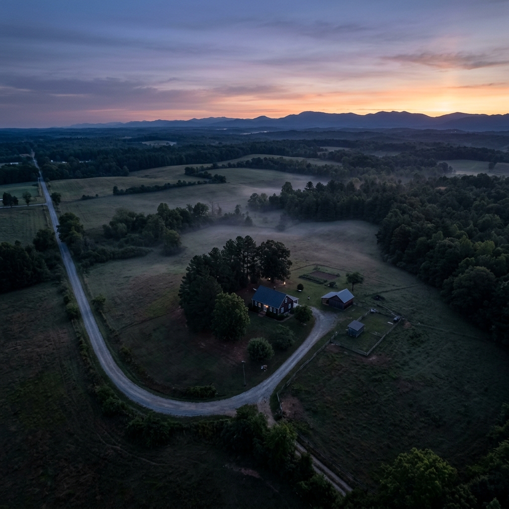 Generate an aerial view of a small rural house with a long driveway at dawn just before the sun breaks the horizon