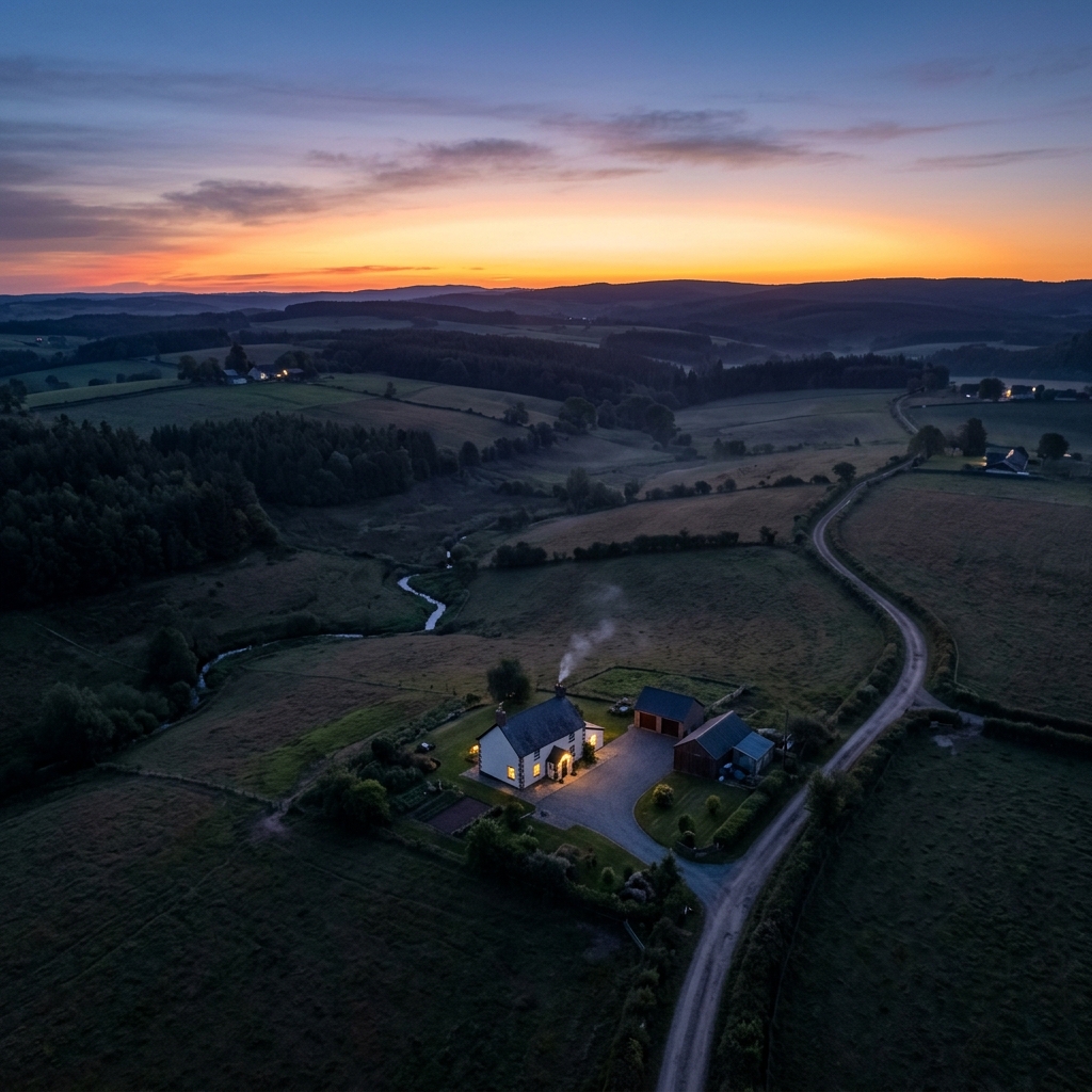 Generate an aerial view of a small rural house at dawn just before the sun breaks the horizon
