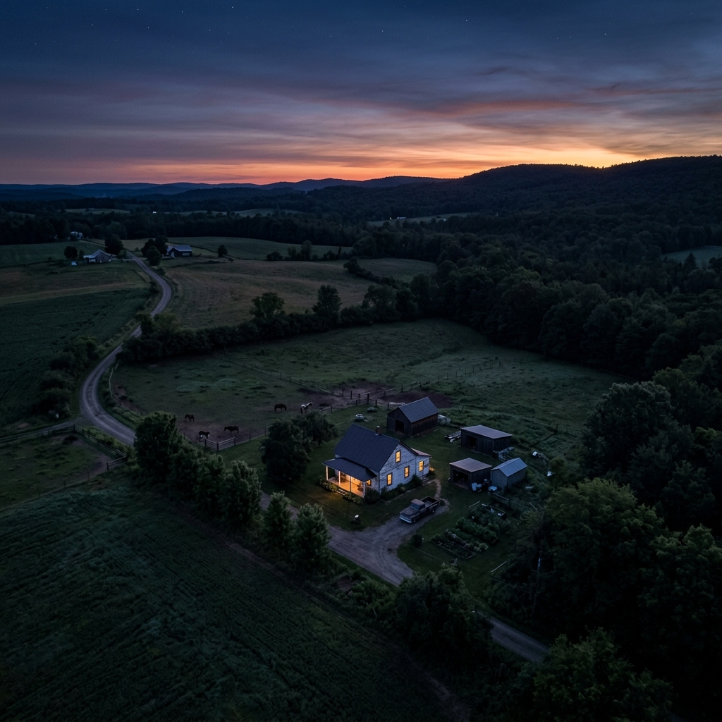 Generate an aerial view of a small rural house at dawn just before the sun breaks the horizon
