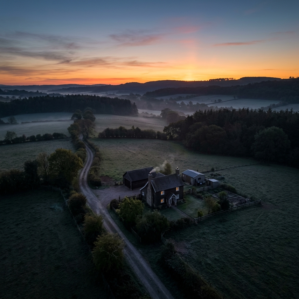 Generate an aerial view of a small rural house at dawn just before the sun breaks the horizon