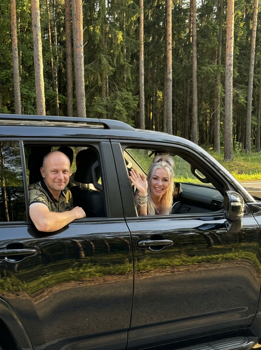 Неподвижная камера находится снаружи автомобиля, на расстоянии нескольких метров от него, строго сбоку от быстро движущегося автомобиля; камера расположена точно перпендикулярно боковой поверхности автомобиля, оптическая ось камеры направлена под углом ровно 90 градусов к продольной оси автомобиля; автомобиль быстро движется слева направо поперёк поля зрения неподвижной камеры; передняя часть автомобиля направлена вправо, задняя часть автомобиля находится слева; камера остаётся неподвижной, пока автомобиль быстро проезжает мимо неё; это съёмка со стороны дороги фотографом, стоящим в нескольких метрах от автомобиля; камера находится на некотором расстоянии от автомобиля и не расположена непосредственно возле окон; хорошо виден боковой профиль автомобиля и большая часть его боковой поверхности; камера смотрит непосредственно на бок автомобиля, а не вдоль его корпуса; камера не находится внутри автомобиля, не находится перед автомобилем, не находится позади него, не смотрит на лобовое стекло или заднюю часть автомобиля, не расположена под диагональным или трёхчетвертным углом, не смотрит вдоль автомобиля, не является селфи-камерой и не создаёт ощущения, что фотографию делает один из пассажиров; это не селфи, не фотография из салона и не фотография, сделанная пассажиром; оба человека хорошо видны через свои соответствующие открытые боковые окна, лица, верхняя часть тела, руки и жесты хорошо различимы несмотря на расстояние до камеры; женщина находится именно на переднем сиденье в передней части салона; мужчина находится именно на заднем сиденье в задней части салона, позади женщины; через боковое окно передней части автомобиля видна женщина, через боковое окно задней части автомобиля виден мужчина на заднем сиденье; автомобиль находится в быстром движении; 44-летний зрелый мужчина, лысый, с короткими каштаново-серыми волосами длиной около 2 мм по бокам; сверху волосы заметно более редкие, с усиленным поредением к центру макушки, не образуют сплошного покрытия, с просветами кожи; с плавным естественным переходом от кожи к волосам без резких границ, без чёткой линии роста волос, с мягкой размытостью по краю; на макушке несколько тонких отдельных волосков 4 мм слегка отделены от остальных волос, свободно приподняты и мягко изгибаются вверх, создавая естественный эффект лёгкой небрежности; natural light wrap, subtle edge blending, slight background bleed around hair and head edges, slight edge softness on head contour, soft fine hair grain, natural color variation in hair, slightly irregular natural hairline edge; hair tucked behind ears, ears fully visible, clear ear outline, no hair covering ears; теменная зона лысая, в лобной зоне короткие волосы длиной около 3 мм, умеренной редкости, отчётливо видимые и хорошо различимые; образуют заметное покрытие с ограниченными просветами кожи; край волос неровный, прерывистый; между макушкой и лобной зоной заметна лысина; линия роста волос сильно смещена назад с умеренными залысинами, кожа головы с естественным кожным блеском, без эффекта «ёжика»; небольшой открытый лоб, подбородок широкий и округло-плоский, с выбритым лицом, славянской внешности, подтянутого телосложения, с прижатыми к голове маленькими ушами, одетый в оливковое поло с черным абстрактным принтом и с белым воротником сидит именно на заднем сиденье, в задней части салона, у открытого бокового окна чёрного автомобиля Toyota Land Cruiser 2024 года выпуска; мужчина находится позади женщины; мужчина положил согнутую в локте руку на край окна и выставил локоть наружу; мужчина смотрит в камеру; уголки губ приподняты, улыбка мягкая, может быть асимметричной; один глаз слегка прищурен; выражение лица мягкое и направленное на контакт; на переднем сиденье в передней части салона, также у открытого бокового окна, сидит именно 38-летняя зрелая женщина с волосами платиновый блонд, высокий messy top bun на макушке, крупный рыхлый пучок из спутанных светлых прядей, объёмный небрежный узел с хаотично торчащими тонкими волосками; женщина находится впереди мужчины; волосы по бокам головы плотно зачёсаны назад к пучку, но справа у лица оставлена длинная свободная боковая прядь, свисающая вдоль щеки и шеи; вокруг лба и у висков выбиваются тонкие светлые flyaway strands, высокий открытый лоб, realistic messy blonde top bun hairstyle, loose side strand, tangled volumetric bun on crown; одета в кораллово-белую блузку с плавным градиентом; одну руку женщина выставила в окно и подняла ее в приветствии; на руке женщины видны многочисленные разноцветные браслеты; женщина смотрит в камеру; глаза слегка прищурены, вокруг них образуются естественные морщинки; уголки губ высоко приподняты, рот широко открыт, верхние зубы обнажены; скулы напряжены и приподняты, брови расслаблены; всё лицо задействовано в смехе, мимика живая, естественная; у женщины хорошо видны длинные ногти, покрытые белым глянцевым лаком; рост мужчины 168 см; рост женщины 167 см; на дверцах автомобиля слегка видны отражения деревьев; вдоль дороги тянется плотная высокая лесополоса из густых тёмно-зелёных деревьев, стоящих почти вплотную к обочине; нижние части стволов деревьев хорошо видны между листвой; деревья образуют сплошную тёмную стену вдоль всей правой стороны дороги; по краям асфальта проходят узкие зелёные травянистые обочины с густой высокой травой; реалистичная природная перспектива; Bright direct sunlight, strong highlights and pronounced shadows; Long, vivid streaks of golden light fall across the ground, creating dynamic patterns; High contrast with warm golden tones and sharp directional light, creating a vivid, energetic, cinematic atmosphere; фотореалистичная фотография, реалистичная анатомия и пропорции людей, натуральная кожа, волосы, одежда, автомобиль, отражения, освещение и перспектива; изображение выглядит как настоящий фотографический снимок, сделанный неподвижным фотографом, стоящим на обочине дороги в нескольких метрах от быстро проезжающего автомобиля; главный визуальный принцип: неподвижная камера находится на расстоянии нескольких метров от автомобиля и строго сбоку от него, автомобиль быстро проезжает мимо камеры слева направо, камера видит автомобиль непосредственно сбоку под углом 90 градусов к его продольной оси, передняя часть автомобиля справа, задняя часть слева, женщина находится впереди, мужчина находится сзади на заднем сиденье.