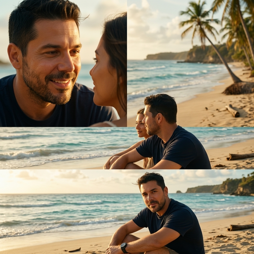 > Cinematic romantic beach video, using the uploaded photo as the exact visual reference. Preserve the couple’s facial features, appearance and identity. Golden-hour sunlight, turquoise Caribbean ocean, gentle waves moving behind them. The camera starts close on their faces, slowly pulls back and makes a subtle cinematic orbit around the couple. Natural wind gently moves their hair, realistic ocean reflections and skin lighting. They look at each other affectionately and then toward the camera. Premium Hollywood cinematography, shallow depth of field, realistic motion, smooth slow motion, warm sunlight, subtle lens flare, emotional romantic atmosphere, 4K, highly photorealistic, vertical 9:16, 6–8 seconds. No changes to their faces, no distortion, no extra people appearing.