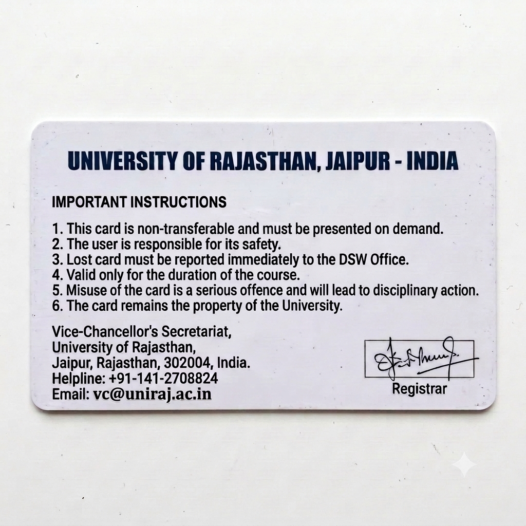 Photorealistic 3D mockup of a university student ID card back side, horizontal rectangle. Clean white background. Top center: "UNIVERSITY OF RAJASTHAN, JAIPUR - INDIA" in bold dark blue text. Left side: Bold title "IMPORTANT INSTRUCTIONS" followed by a clean, legible numbered list (1 to 6) of standard rules. Bottom left: Vice-Chancellor's Secretariat address, helpline, and email in clean black text. Bottom right: A signature box containing the exact same clean, legible blue-ink handwritten cursive signature of "Rajesh Sharma", with the text "Registrar" below it. No scribbles, no jumbled text, sharp corporate design, 8k resolution.