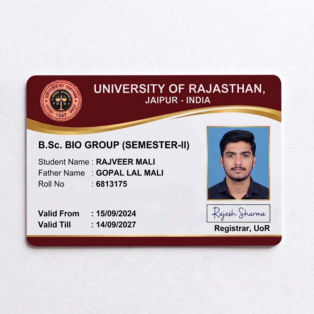 Photorealistic 3D mockup of an official University ID card, front side. Horizontal rectangle. Color Palette: Deep Maroon/Crimson (#800000) top header strip. Gold/Ochre Yellow (#D4AF37) borders and accents. White bottom background with a subtle light blue/grey security guilloche watermark. Top left: Circular official university seal with a metallic gold border, featuring a clear center emblem and tiny clean text "1947" at the bottom. Top center: "UNIVERSITY OF RAJASTHAN, JAIPUR - INDIA" in bold white text. Below top header: Bold dark Maroon text "B.Sc. BIO GROUP (SEMESTER-II)". Left side in black text: "Student Name: RAJVEER MALI", "Father Name: GOPAL LAL MALI", "Roll No: 6813175". Bottom left: "Valid From: 15/09/2024" and "Valid Till: 14/09/2027". Right side: Professional male student portrait with a blue background and a thin gold frame. Bottom right: An official signature box (blue ink cursive) with the text "Registrar, UoR" below it. Flat vector design, sharp text, no distortion.