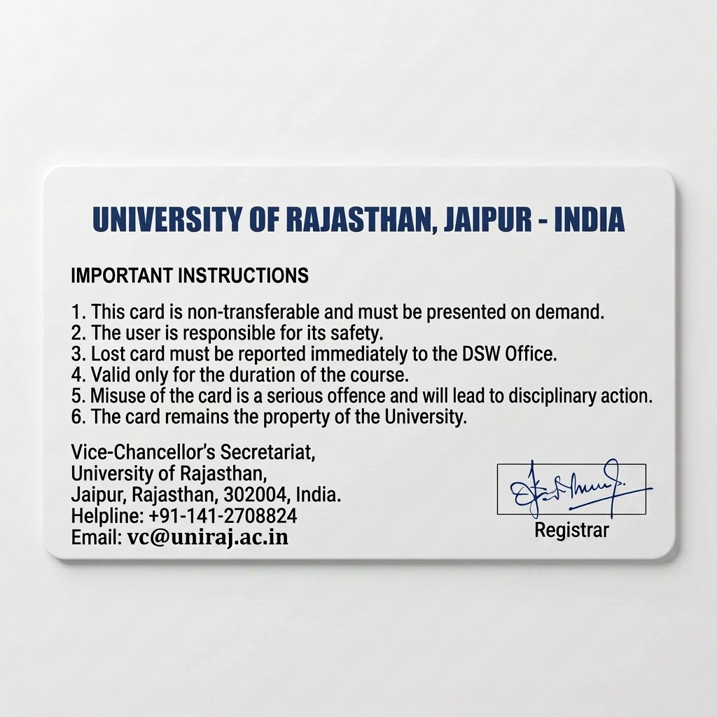 Photorealistic 3D mockup of an official University ID card, back side. Horizontal rectangle. Clean off-white background. Top center: "UNIVERSITY OF RAJASTHAN, JAIPUR - INDIA" in bold Dark Navy Blue (#0B2545). Left side: Bold Black title "IMPORTANT INSTRUCTIONS" followed by a perfectly legible numbered list of 6 rules: 1. This card is non-transferable... 2. The user is responsible for its safety... 3. Lost card must be reported... 4. Valid only for the duration... 5. Misuse of the card is a serious offence... 6. The card remains the property of the University. Bottom left: "Vice-Chancellor's Secretariat", "University of Rajasthan", "Jaipur, Rajasthan, 302004, India", "Helpline: +91-141-2708824", "Email: vc@uniraj.ac.in". Bottom right: Official signature box (blue ink cursive) with "Registrar" in bold below it. Sharp corporate typography, no fake text, 8k resolution.