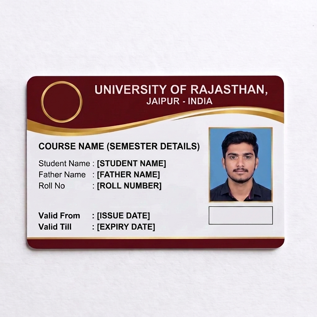 Photorealistic 3D mockup of an official university student ID card front side, horizontal rectangle. Color Palette: Deep Maroon (#800000) top header strip with a gold curved wave. White bottom background with a subtle light blue security guilloche watermark. Top Left: A clean, empty, high-resolution circular gold border (blank space for logo - no fake text inside). Top Center: Text "UNIVERSITY OF RAJASTHAN, JAIPUR - INDIA" in bold white. Lower left: Empty plain white space for clean student text layout. Right side: Professional male student portrait with blue background and thin gold border. Bottom right: A completely empty rectangular box for signature with text "Registrar, UoR" below it. No scribbles, no distorted text, sharp corporate design, 8k resolution, photorealistic.