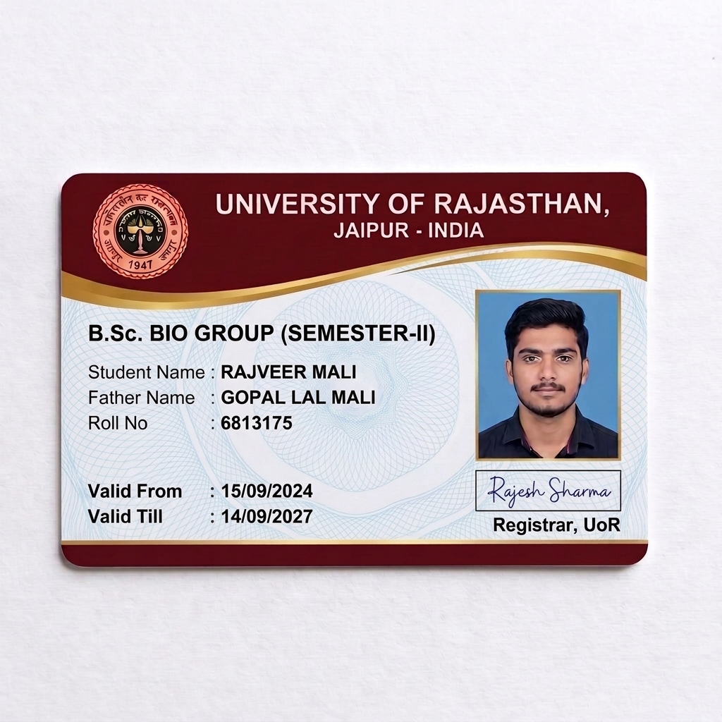Photorealistic 3D mockup of a clean, official university student ID card front side. Horizontal rectangle. Color Palette: Deep Maroon (#800000) top header strip with a gold curved wave. White bottom background with a subtle light blue security guilloche watermark. Top Left: Official circular university seal with gold border, clear inner text and "1947" at the bottom. Top Center: Text "UNIVERSITY OF RAJASTHAN, JAIPUR - INDIA" in bold white. Lower body: Bold black text "B.Sc. BIO GROUP (SEMESTER-II)". Left side text: "Student Name: RAJVEER MALI", "Father Name: GOPAL LAL MALI", "Roll No: 6813175". Bottom left: "Valid From: 15/09/2024" and "Valid Till: 14/09/2027". Right side: Professional male student portrait with blue background and thin gold border. Bottom right: A signature box containing a clean, professional blue ink cursive signature with text "Registrar, UoR" below it. No fake scribbles, no distorted text, sharp typography, 8k resolution.