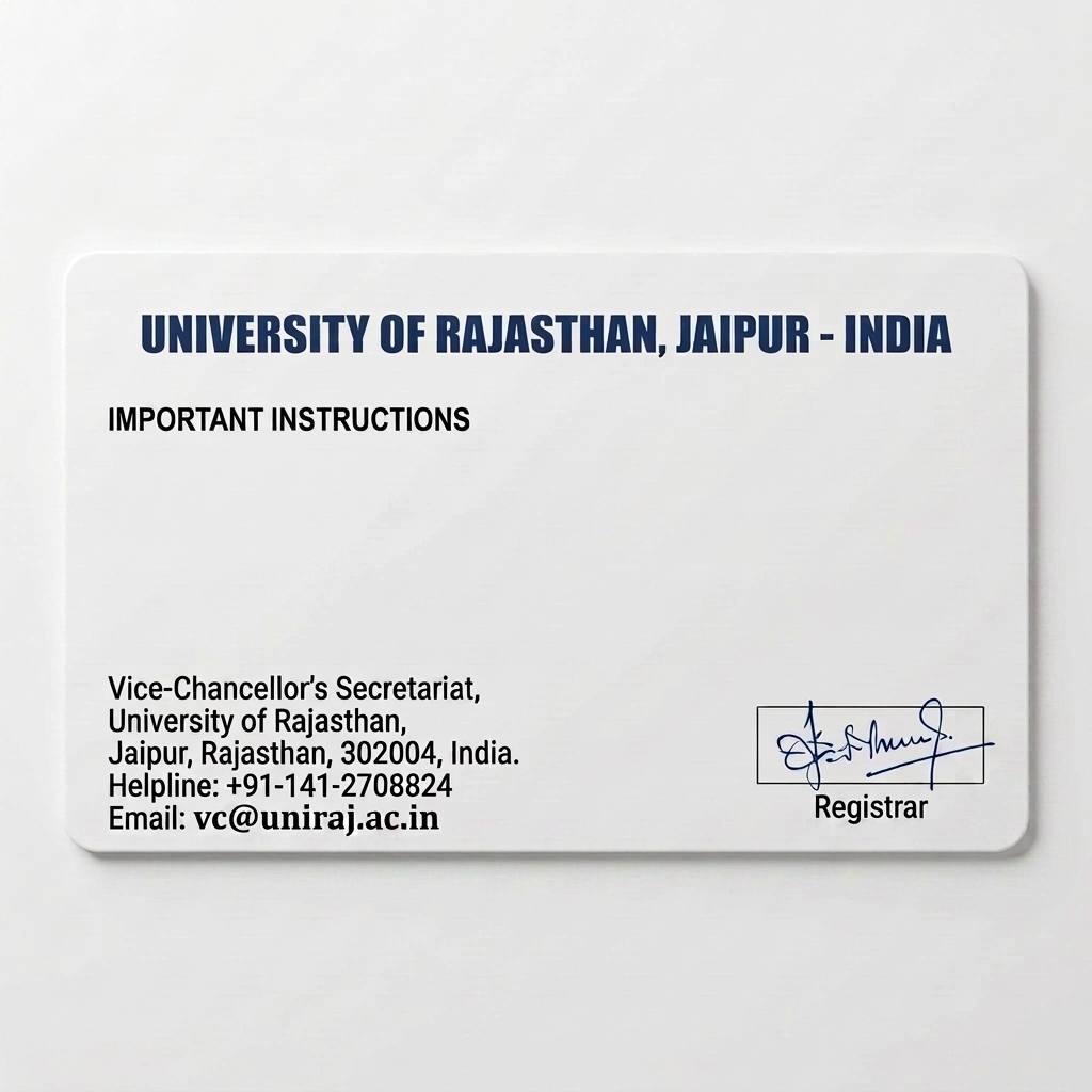 Photorealistic 3D mockup of a clean, official university student ID card back side. Horizontal rectangle. Clean off-white background. Top center: "UNIVERSITY OF RAJASTHAN, JAIPUR - INDIA" in bold Dark Navy Blue. Left side: Bold title "IMPORTANT INSTRUCTIONS" followed by a clean, perfectly legible numbered list of 6 standard rules. Bottom left: "Vice-Chancellor's Secretariat, University of Rajasthan, Jaipur, Rajasthan, 302004, India. Helpline: +91-141-2708824, Email: vc@uniraj.ac.in". Bottom right: A signature box containing the exact same professional blue ink cursive signature as the front side, with the text "Registrar" below it. No scribbles, sharp corporate typography, 8k resolution.