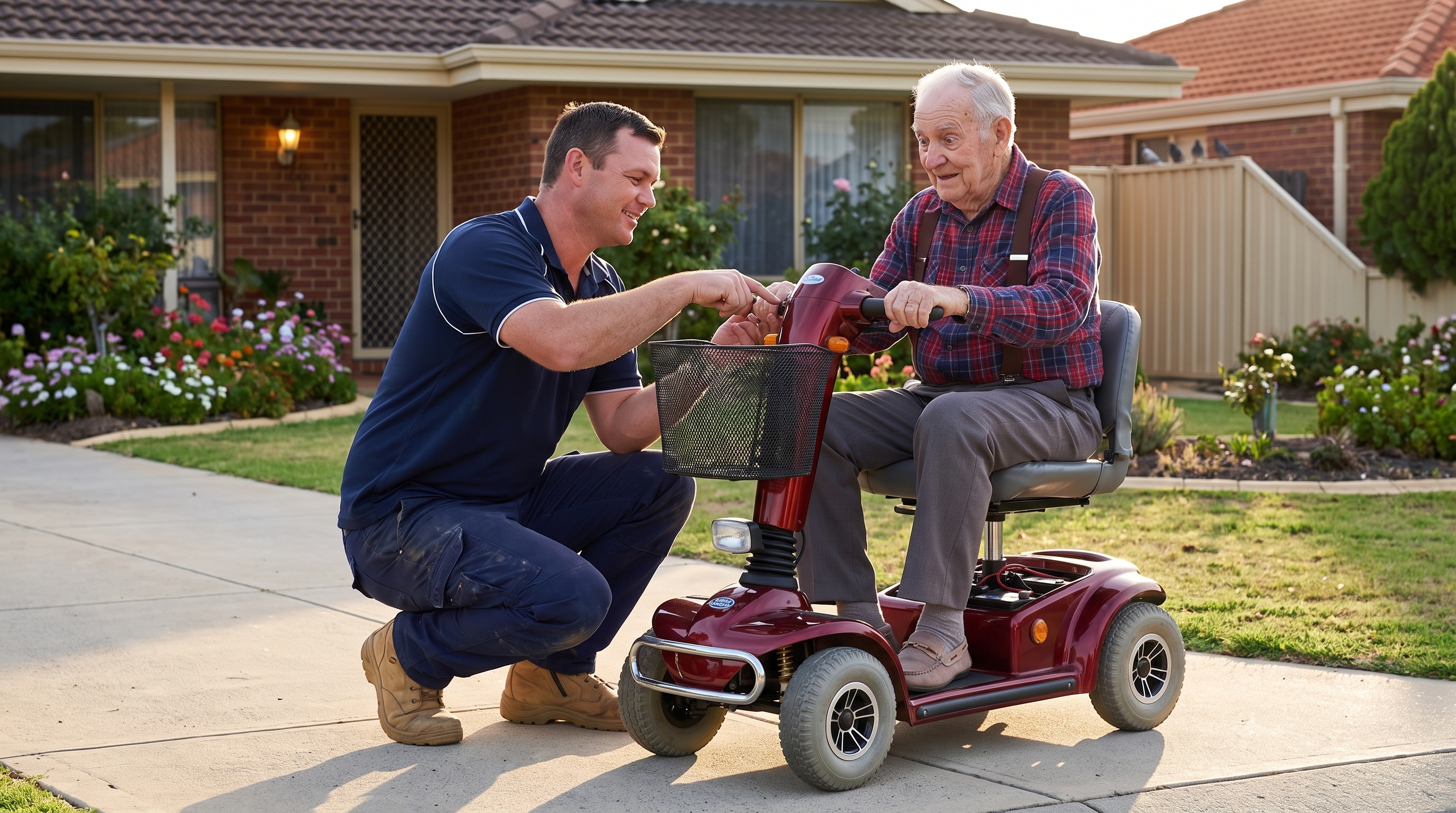 Using the reference image, keep the technician (his face, hair, build, navy blue polo with company logo, dark navy trousers, tan work boots) and the red four-wheeled mobility scooter (frame, seat, basket, handlebar controls) exactly as they appear — do not alter their design, colors, or details. The van is not needed in this scene.

Change only the background and scene context: place the setting in a suburban driveway during soft late-afternoon golden light, warm and inviting tones. The scooter sits on the driveway, gleaming faintly in the low sun.

The technician is crouched slightly beside the scooter, one hand pointing to the handlebar controls, patiently explaining how the throttle and brake work, warm and encouraging expression.

Add a new elderly man in his early 80s, seated on the scooter for the very first time — slightly nervous but excited, gripping the handlebars carefully, wearing a checkered flannel shirt, suspenders, grey trousers, and soft loafers, wide curious eyes fixed on the technician's hands, hesitant but hopeful smile.

Background: a warm suburban driveway — a modest house with flower beds along the walkway, a porch light just starting to glow in the fading daylight, a couple of birds perched on a nearby fence, long soft shadows stretching across the pavement. Golden hour lighting, gentle warmth, calm neighborhood atmosphere.

Camera angle: eye-level, medium shot capturing both figures and the scooter clearly, with soft background blur emphasizing the intimate teaching moment. Photorealistic style, warm golden color palette, candid documentary/lifestyle photography aesthetic conveying patience, trust, and the beginning of newfound independence.