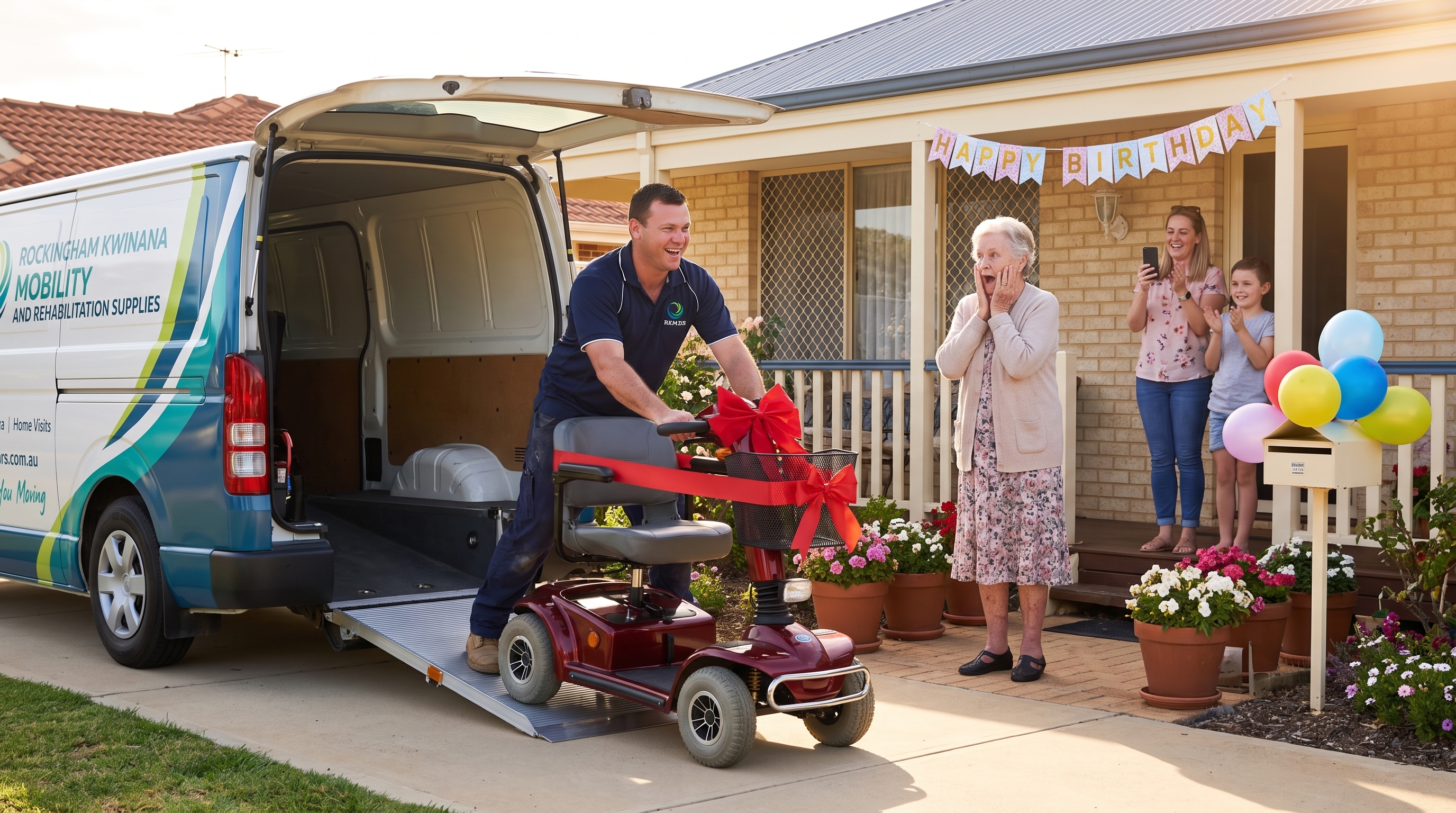 Using the reference image, keep the technician (his face, hair, build, navy blue polo with company logo, dark navy trousers, tan work boots), the red four-wheeled mobility scooter (frame, seat, basket, handlebar controls), and the branded van exactly as they appear — do not alter their design, colors, or details. Add a large red ribbon and bow tied neatly across the scooter's handlebars and basket, as a surprise gift presentation.

Change the background and scene context: a warm afternoon in front of a cheerful suburban house decorated with a 'Happy Birthday' banner strung across the porch railing and a small cluster of balloons tied to the mailbox. The van is parked in the driveway with its rear doors open, ramp down, as the technician wheels the ribbon-decorated scooter down onto the driveway with a proud, excited smile, clearly in on the surprise.

Add an elderly woman in her mid-70s standing on the porch steps, hands pressed to her cheeks in joyful surprise, eyes wide and mouth open in a delighted gasp, wearing a soft cardigan and comfortable dress. Around her, add two or three family members (an adult daughter, a grandchild) clapping and smiling, phones raised slightly as if capturing the moment.

Background: a warm, festive suburban home — balloons, a banner, potted flowers along the walkway, a couple of lawn chairs set up, soft afternoon sunlight casting warm golden light across the scene.

Camera angle: eye-level, wide-ish shot capturing the technician, the ribboned scooter, the surprised woman, and her cheering family together in one joyful frame. Photorealistic style, warm golden color palette, candid heartwarming documentary/lifestyle photography aesthetic conveying celebration and surprise.
