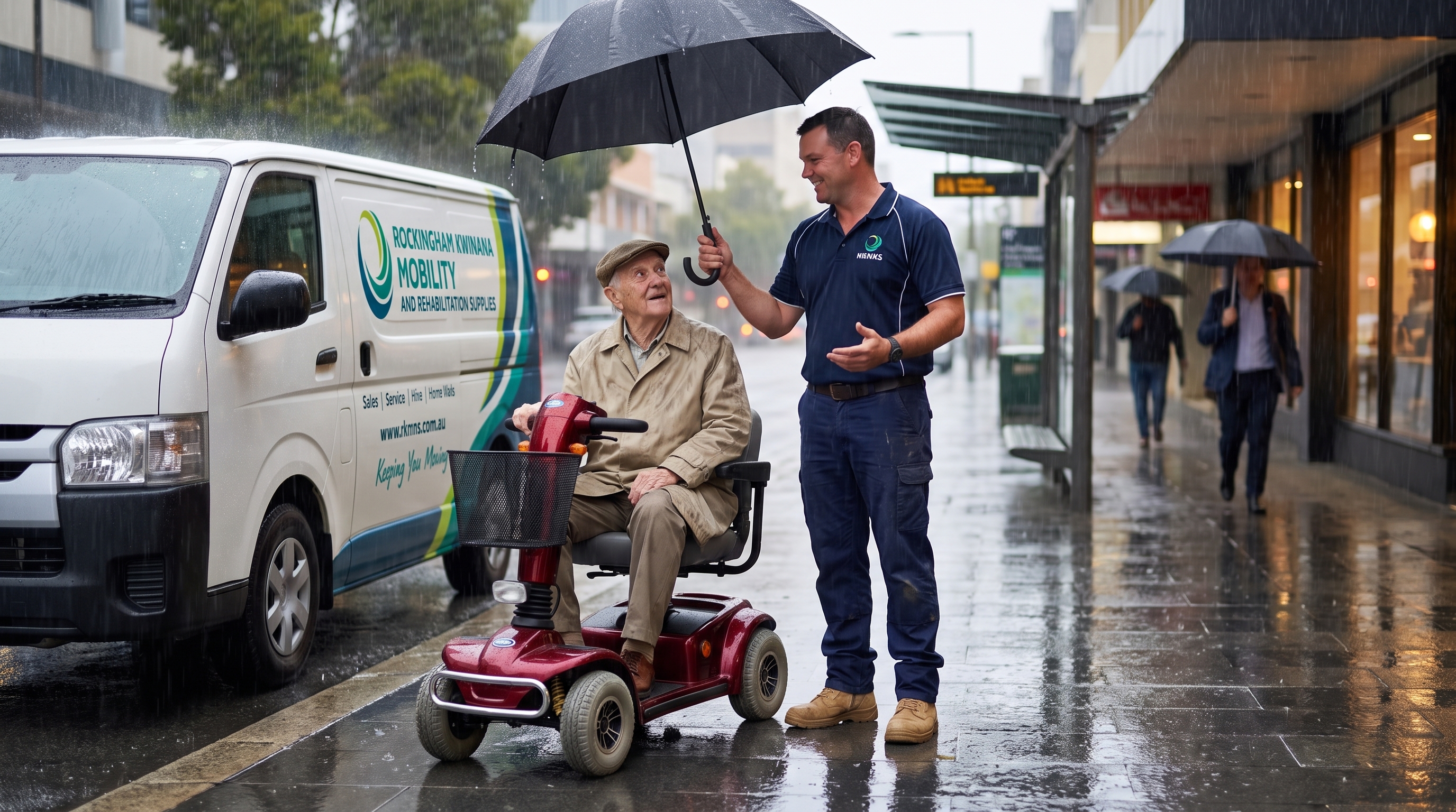 Using the reference image, keep the technician (his face, hair, build, navy blue polo with company logo, dark navy trousers, tan work boots), the red four-wheeled mobility scooter (frame, seat, basket, handlebar controls), and the branded van exactly as they appear — do not alter their design, colors, or details. Add a large black umbrella held in the technician's hand, angled to shelter the elderly man from the rain.

Change the background and scene context: a rainy city street scene, visible raindrops falling, wet reflective pavement, puddles catching the grey overcast light. The van is parked nearby at the curb, hazard-adjacent positioning implied, partially in frame. The technician stands beside the scooter, holding the umbrella protectively over the elderly man while gesturing with his free hand toward the van, as if offering a ride or shelter, warm reassuring smile despite the weather.

Add an elderly man in his late 70s sitting on the scooter, slightly hunched from the rain, wearing a damp beige raincoat over a sweater, flat cap slightly soaked, grateful and relieved expression as he looks up at the technician, clearly thankful for the unexpected help.

Background: a rainy small-city street — a bus shelter with a puddle nearby, blurred storefronts with glowing warm window lights in the distance, wet reflective road surface, a few pedestrians with umbrellas hurrying past. Grey overcast sky, cool muted tones contrasted by warm human connection in the foreground.

Camera angle: eye-level, medium shot capturing the technician holding the umbrella, the elderly man on the scooter, and the van nearby, with rain visibly falling to convey mood and urgency. Photorealistic style, moody cool-toned color palette with warm highlights, cinematic documentary/lifestyle photography aesthetic conveying kindness and unexpected care.