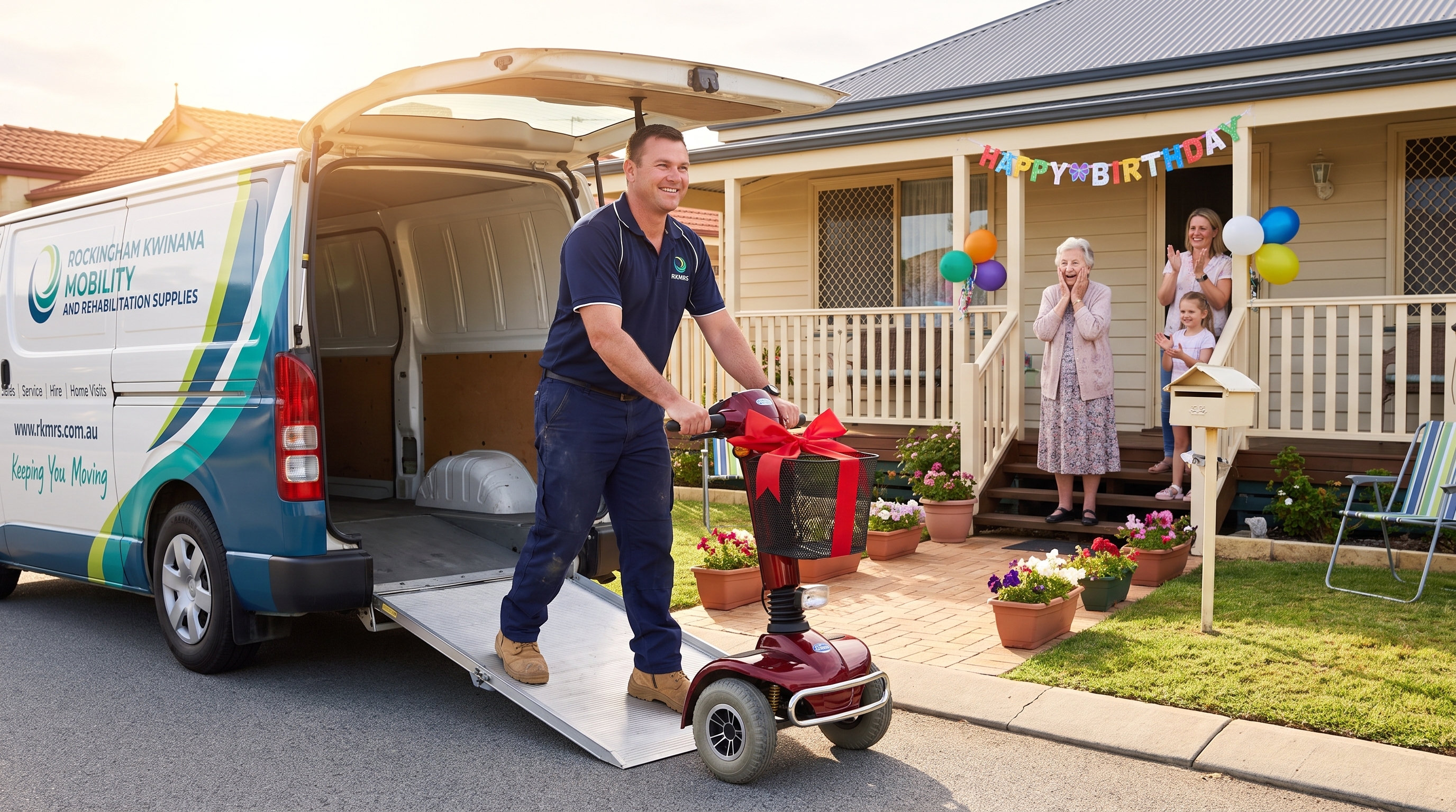 Using the reference image, keep the technician (his face, hair, build, navy blue polo with company logo, dark navy trousers, tan work boots), the red four-wheeled mobility scooter (frame, seat, basket, handlebar controls), and the branded van exactly as they appear — do not alter their design, colors, or details. Add a large red ribbon and bow tied neatly across the scooter's handlebars and basket, as a surprise gift presentation.

Change the background and scene context: a warm afternoon in front of a cheerful suburban house decorated with a 'Happy Birthday' banner strung across the porch railing and a small cluster of balloons tied to the mailbox. The van is parked in the driveway with its rear doors open, ramp down, as the technician wheels the ribbon-decorated scooter down onto the driveway with a proud, excited smile, clearly in on the surprise.

Add an elderly woman in her mid-70s standing on the porch steps, hands pressed to her cheeks in joyful surprise, eyes wide and mouth open in a delighted gasp, wearing a soft cardigan and comfortable dress. Around her, add two or three family members (an adult daughter, a grandchild) clapping and smiling, phones raised slightly as if capturing the moment.

Background: a warm, festive suburban home — balloons, a banner, potted flowers along the walkway, a couple of lawn chairs set up, soft afternoon sunlight casting warm golden light across the scene.

Camera angle: eye-level, wide-ish shot capturing the technician, the ribboned scooter, the surprised woman, and her cheering family together in one joyful frame. Photorealistic style, warm golden color palette, candid heartwarming documentary/lifestyle photography aesthetic conveying celebration and surprise.
