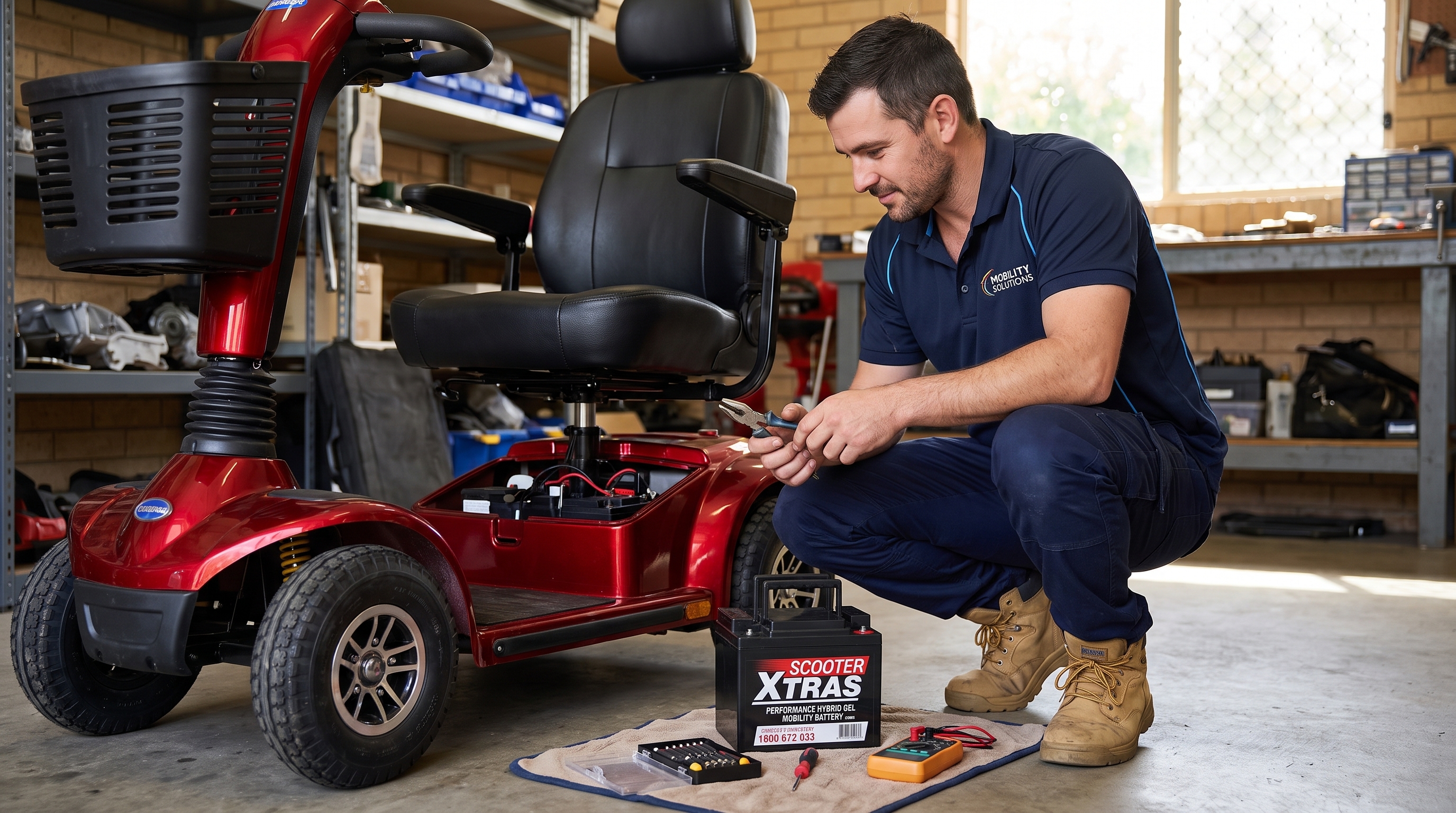 Using the reference image, keep the battery pack exactly as it appears — same shape, color, casing design, terminals, handle, and any visible labels or markings — do not alter its design or details.

Scene: A realistic indoor photograph in a practical repair setting — a home garage or small workshop space (soft natural daylight mixed with warm overhead lighting). A red four-wheeled mobility scooter (red frame, black seat, front basket, handlebar controls) is parked on the floor, tilted slightly or propped on a low stand, with its battery compartment open beneath the seat.

A friendly mobility service technician — short dark hair, light stubble beard, wearing a navy blue polo shirt with a mobility company logo embroidered on the left chest, dark navy work trousers, and tan work boots — is crouched or kneeling beside the scooter, focused on the open compartment, holding a small tool (screwdriver or pliers) in one hand. Beside him on the floor, placed carefully on a cloth or mat, sits the reference battery pack — clearly the one just removed from the scooter, with a few small tools (screwdriver set, multimeter) laid out neatly nearby.

His expression is calm, methodical, and professional, sleeves slightly rolled up, fully absorbed in diagnosing the issue.

Background: a practical workspace — shelving with spare parts and tools, a workbench along one wall, concrete or tiled flooring, soft natural light from a window or open door. Homey yet functional atmosphere, realistic photographic lighting.

Camera angle: eye-level, medium shot capturing the technician, the scooter, and the reference battery on the floor clearly within frame, shallow depth of field with the background softly blurred. Photorealistic style, natural color palette, documentary/lifestyle photography aesthetic conveying careful diagnostic work.