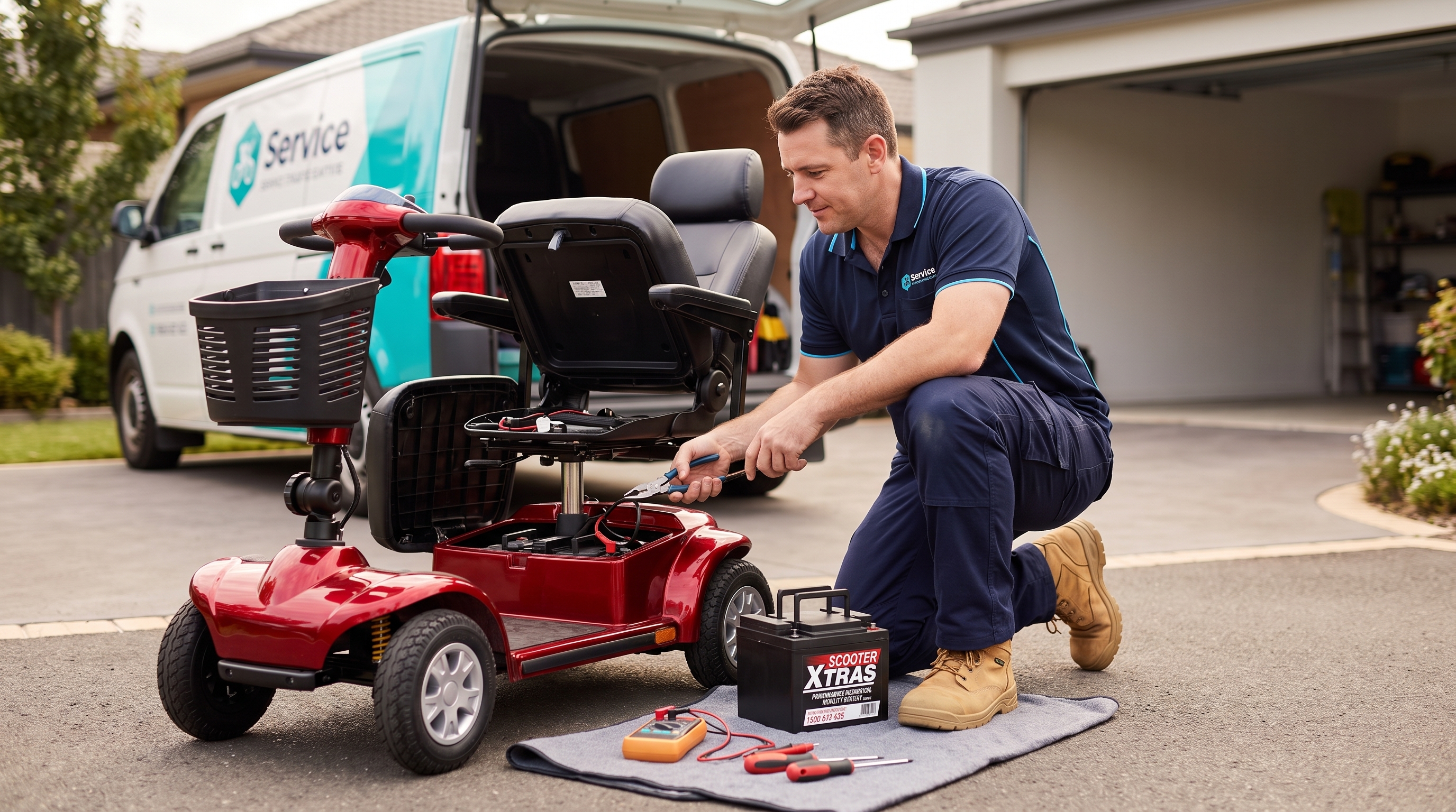 Using the two reference images provided: from the first reference, keep the technician (his face, hair, build, navy blue polo shirt with company logo, dark navy work trousers, tan work boots), the red four-wheeled mobility scooter (frame, seat, basket, handlebar controls), and the branded mobility service van (white body, teal accents, logo) exactly as they appear — do not alter their design, colors, or details. From the second reference, keep the battery pack exactly as it appears — same shape, color, casing design, terminals, handle, and any visible labels or markings — do not alter its design or details.

Scene: A realistic outdoor or garage setting (soft natural daylight, warm even tones) where the technician is fixing the scooter. The scooter's battery compartment beneath the seat is open, and the technician is crouched or kneeling beside it, holding a small tool (screwdriver or pliers), focused on the internal wiring or connections. Beside him on the ground, placed carefully on a cloth or mat, sits the reference battery pack — clearly the one just removed from the scooter. A few small tools (screwdriver set, multimeter) are laid out neatly nearby.

The van is parked nearby in the scene — either in a driveway with rear doors open, or just visible in the background — grounding the setting as part of the technician's service visit.

His expression is calm, methodical, and professional, sleeves slightly rolled up, fully absorbed in diagnosing the issue.

Background: a practical residential setting — a driveway or open garage, neatly organized surroundings, natural soft shadows, realistic photographic lighting consistent with both reference images' tone and color grading.

Camera angle: eye-level, medium shot capturing the technician, the scooter, the battery on the ground, and the van in frame together, shallow depth of field with the background softly blurred. Photorealistic style, natural color palette, documentary/lifestyle photography aesthetic conveying careful diagnostic work and reliable service.