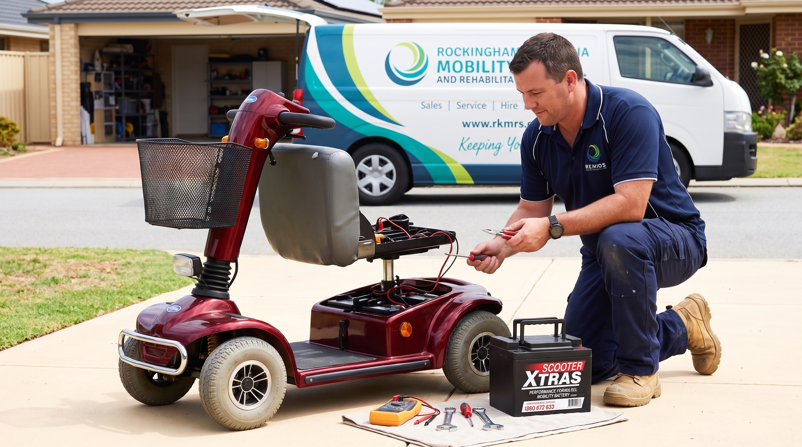 Using the two reference images provided: from the first reference, keep the technician (his face, hair, build, navy blue polo shirt with company logo, dark navy work trousers, tan work boots), the red four-wheeled mobility scooter (frame, seat, basket, handlebar controls), and the branded mobility service van (white body, teal accents, logo) exactly as they appear — do not alter their design, colors, or details. From the second reference, keep the battery pack exactly as it appears — same shape, color, casing design, terminals, handle, and any visible labels or markings — do not alter its design or details.

Scene: A realistic outdoor or garage setting (soft natural daylight, warm even tones) where the technician is fixing the scooter. The scooter's battery compartment beneath the seat is open, and the technician is crouched or kneeling beside it, holding a small tool (screwdriver or pliers), focused on the internal wiring or connections. Beside him on the ground, placed carefully on a cloth or mat, sits the reference battery pack — clearly the one just removed from the scooter. A few small tools (screwdriver set, multimeter) are laid out neatly nearby.

The van is parked nearby in the scene — either in a driveway with rear doors open, or just visible in the background — grounding the setting as part of the technician's service visit.

His expression is calm, methodical, and professional, sleeves slightly rolled up, fully absorbed in diagnosing the issue.

Background: a practical residential setting — a driveway or open garage, neatly organized surroundings, natural soft shadows, realistic photographic lighting consistent with both reference images' tone and color grading.

Camera angle: eye-level, medium shot capturing the technician, the scooter, the battery on the ground, and the van in frame together, shallow depth of field with the background softly blurred. Photorealistic style, natural color palette, documentary/lifestyle photography aesthetic conveying careful diagnostic work and reliable service.