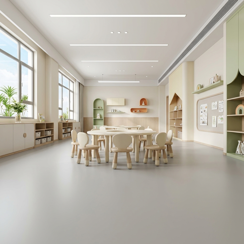 1:1正方形构图，超写实3D室内建模，产品级CG渲染，8K超清细节，画面清晰通透，空间结构精准，材质真实细腻，具有高端幼儿园地板革详情页展示图质感。
现代高端幼儿园室内场景，整体为空间开阔的教室活动区近景展示，不要狭长走廊，不要过道式空间，不要纵深很深的通道构图。画面重点表现一个方正、舒展、明亮的儿童活动区域，具有童趣但不过度花哨，整体高级温柔。
相机位于教室活动区前方，机位高度约1.2米，采用28mm建筑摄影广角镜头，轻微俯拍视角，镜头朝向幼儿园教室内部。画面底部必须保留完整连续地面，地面占画面约45%-50%。
地面为大面积完整铺装的浅灰色PVC地板革，表面平整干净，质感细腻柔和，整体为安全温和的儿童空间地面效果。
画面中间为开阔活动区，摆放一组圆形儿童桌和统一配套的小椅子，桌椅造型圆润精致，颜色柔和统一。左侧设置大面积窗户，窗外可见自然绿植与明亮天空，窗下为低矮收纳柜。右侧墙面设置内嵌书架、课程展示板和少量高级儿童装饰，装饰可用开心果绿、浅奶油黄、淡橙色、浅木色点缀，但整体依然克制高级。
墙体高，顶部可见完整平整天花板、线性灯和吸顶灯，空间感舒展。整体配色以奶油白、浅米色、浅灰色、浅木色为主，局部加入少量柔和彩色装饰，体现高端幼教空间的设计感。
不要杂乱玩具堆积，不要过度卡通化，不要低幼廉价感。光线采用自然白天光与中性白光，画面明亮清新，适合用于地板革详情页最后的幼儿园场景展示图。