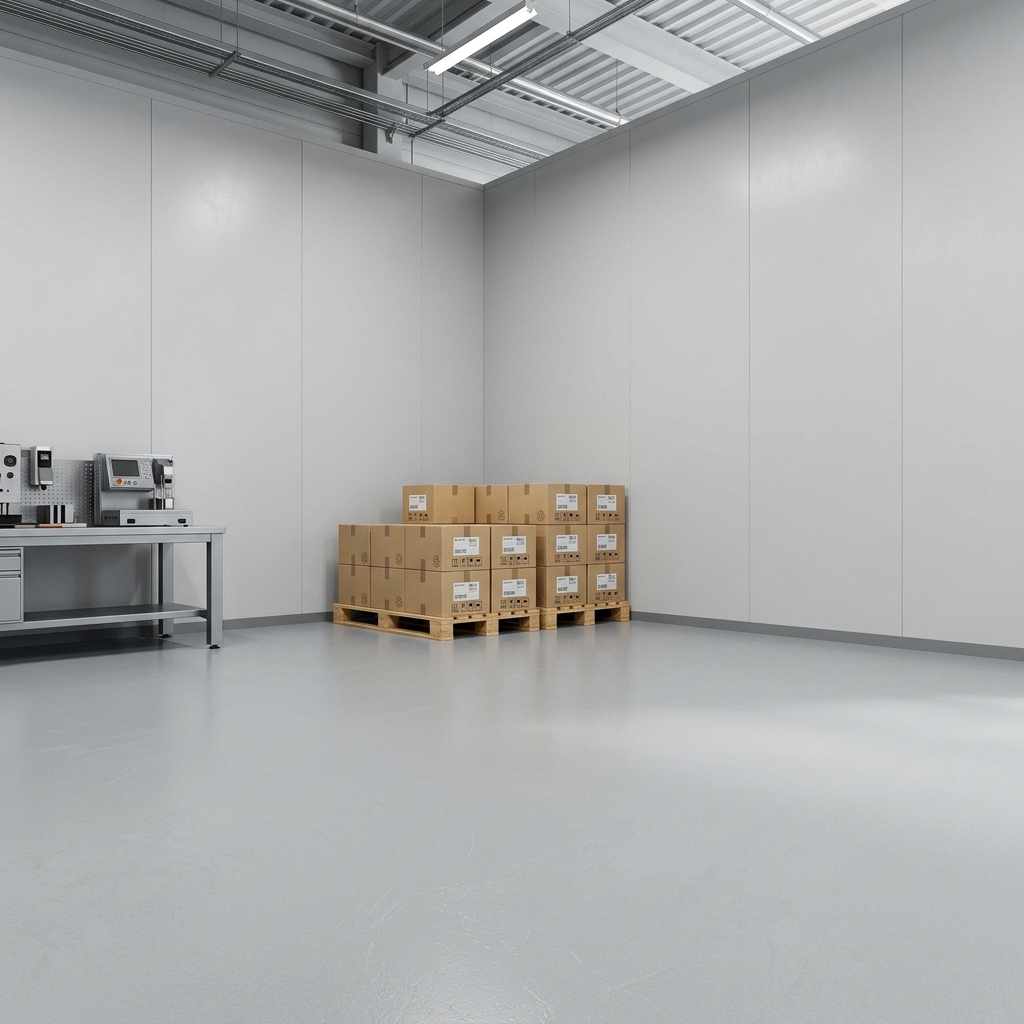 生成图片：1:1 正方形构图，超写实3D室内建模，产品级CG渲染，8K超清细节，真实PBR物理材质，精准全局光照，清晰自然的接触阴影，空间结构准确，物体边缘清晰，具有高端现代工业建筑效果图质感。
现代化工厂仓储作业区域局部近景，空间明亮整洁，布局简洁规整，采用开阔的仓储作业区构图，不出现狭长货架通道，不展示过于复杂的大型生产线。背景为浅灰白色工业墙面，墙体高大平整，顶部可见部分规整的工业天花板结构，搭配简洁的金属梁架和线性工业照明，整体呈现现代化、专业化的工厂环境。
画面中景靠后位置摆放少量整齐码放的标准木质托盘，托盘上放置包装规整的纸箱货物，纸箱大小统一、排列整齐。画面一侧展示局部现代工业设备和银灰色金属工作台，设备造型简洁，结构精致，形成自然的工业场景层次。物品集中分布在画面中上部，避免大量货架和零散杂物，画面主体清楚，构图简洁高级。
相机位于仓储区域前方，机位高度约1.3米，采用28mm建筑摄影广角镜头，轻微俯拍，近距离呈现托盘、工业设备与地面之间的空间关系。地面占画面约35%—40%，底部保留完整、连续、无遮挡的浅灰色PVC地板革区域。
地板革为均匀浅灰色，表面细腻平整，具有真实PVC卷材的轻微柔和反射和细密耐磨表层质感，颜色自然统一，不出现明显木纹、石纹、地砖缝隙和复杂花纹。地面与墙体交界清晰，地板革铺装平整，与工业空间自然融合。
采用明亮的中性白光与自然漫射光照明，整体色温中性，白色墙面干净通透，浅灰色地面层次清晰，金属设备和纸箱具有真实的材质细节。画面精致、简洁、专业，突出工厂仓储环境中地板革的实际铺装效果。
避免昏暗光线、强烈暖黄色灯光、密集货架通道、杂乱堆货、夸张机械设备、地面过度反光、地面纹理复杂、地面大面积过曝、鱼眼畸变、倾斜墙体、模糊细节、卡通风格。